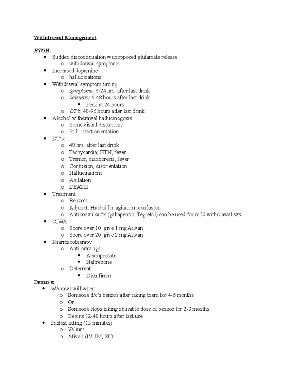 Week 6 - Withdrawal Management - Withdrawal Management ETOH: Sudden ...