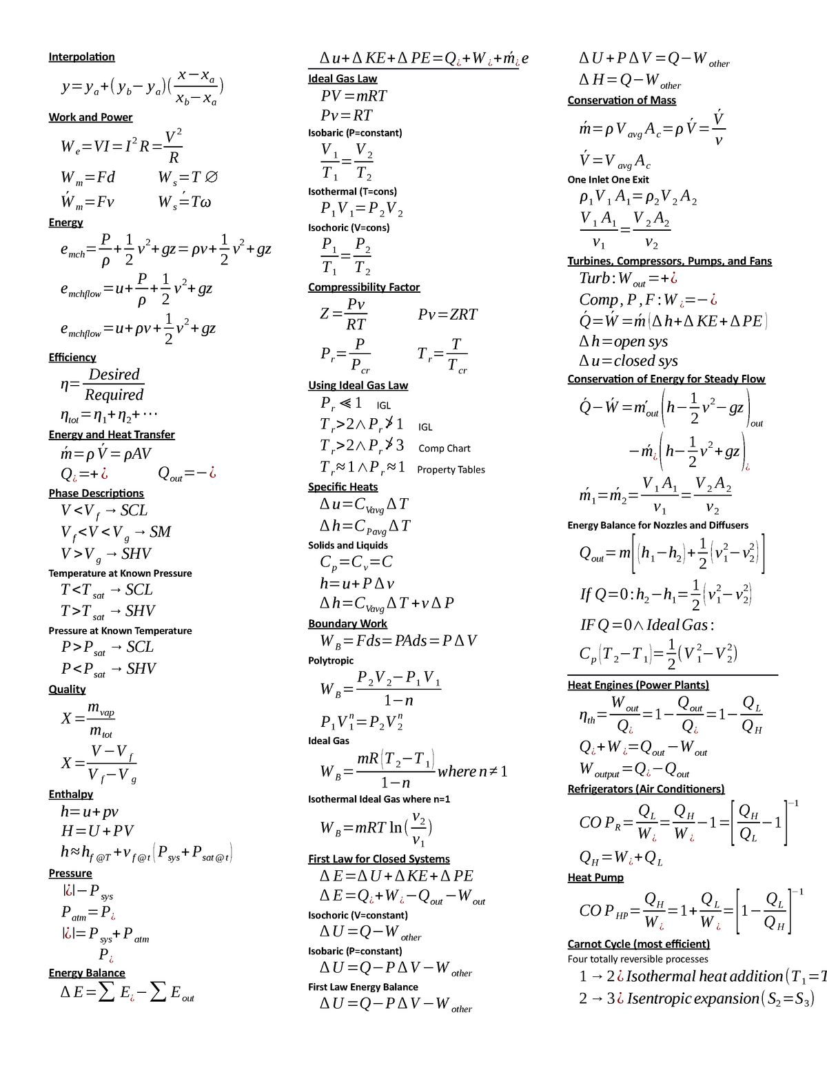 Thermo Final Equation Sheet - Interpolation x −x a y= y a+( y b− y a ...