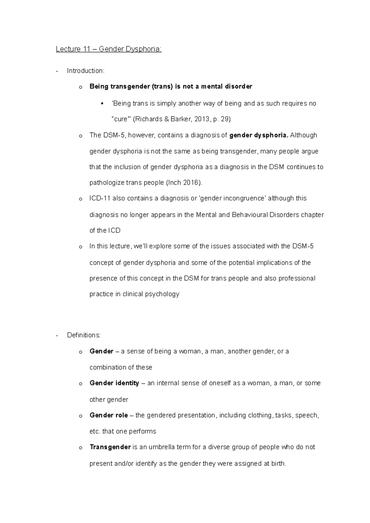 Gender Dysphoria Lecture 11 Gender Dysphoria Introduction o Being