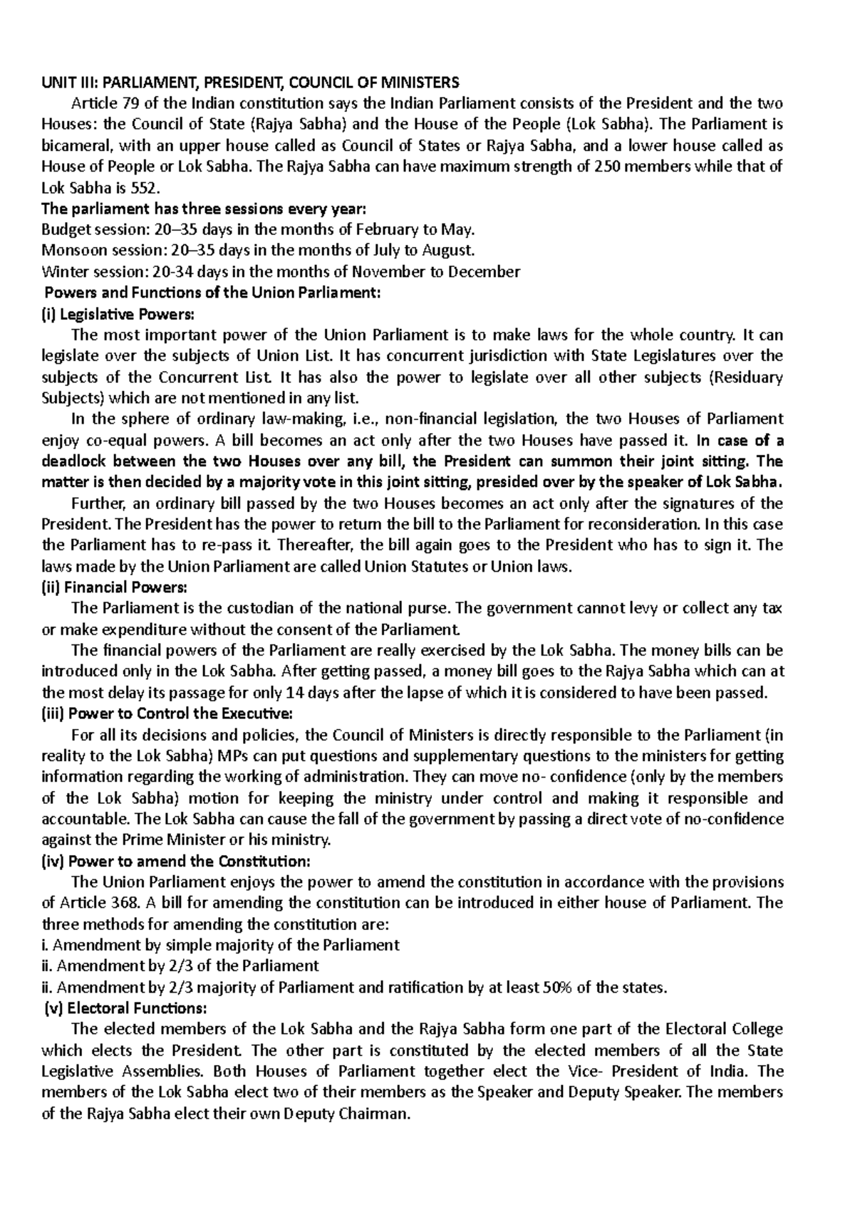Union Parliament - UNIT III: PARLIAMENT, PRESIDENT, COUNCIL OF ...