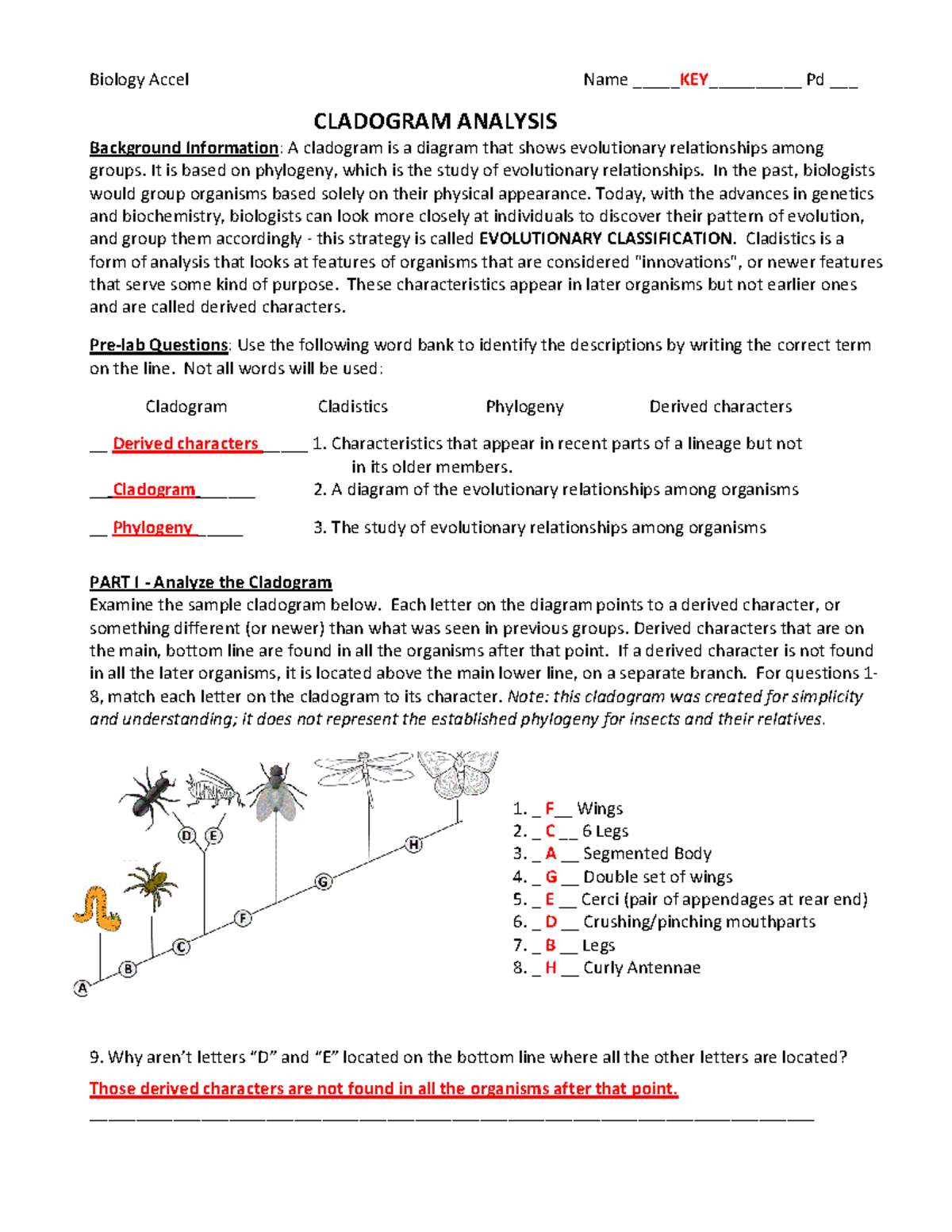 Cladogram Analysis Lab Key 2015-cf - Biology Accel Name Key      Pd 