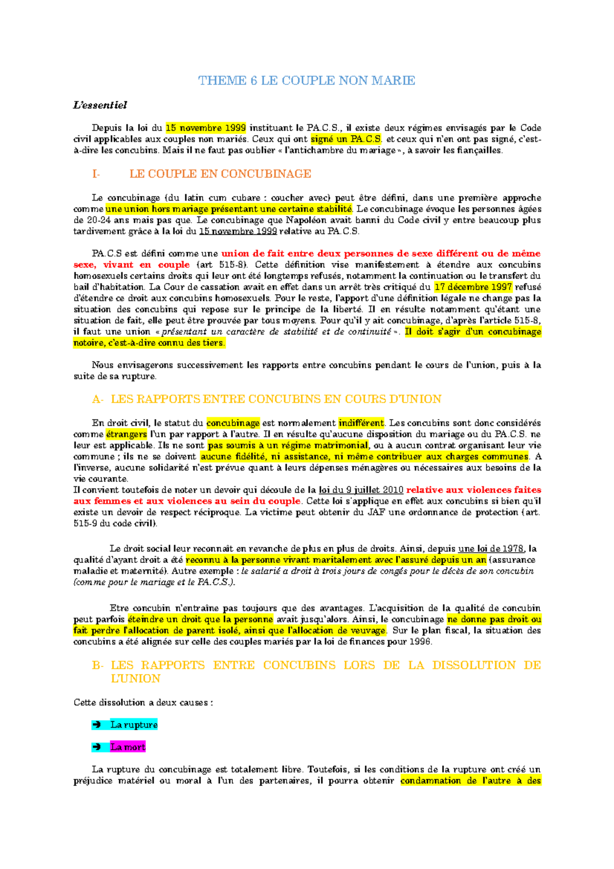 Thème 6 Le couple non marié THEME 6 LE COUPLE NON MARIE L’essentiel Depuis la loi du 15 Thème 6 Le couple non marié THEME 6 LE COUPLE NON MARIE L’essentiel Depuis la loi du 15