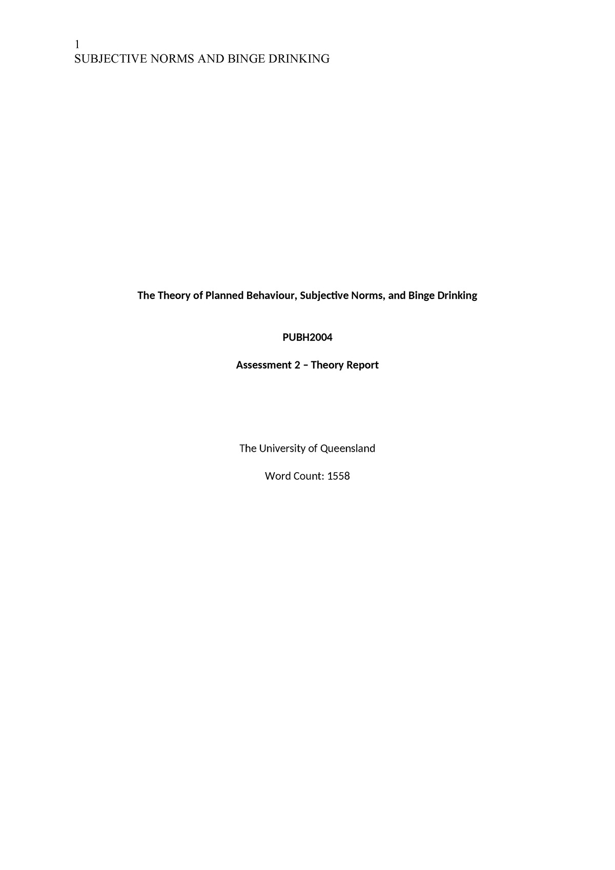 PUBH2004 assignment 2 - SUBJECTIVE NORMS AND BINGE DRINKING The Theory ...