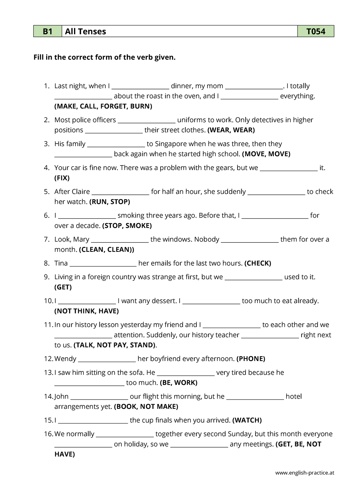 All Tenses - PDF Grammar Worksheet - B1 - T054 - English-practice B1 ...