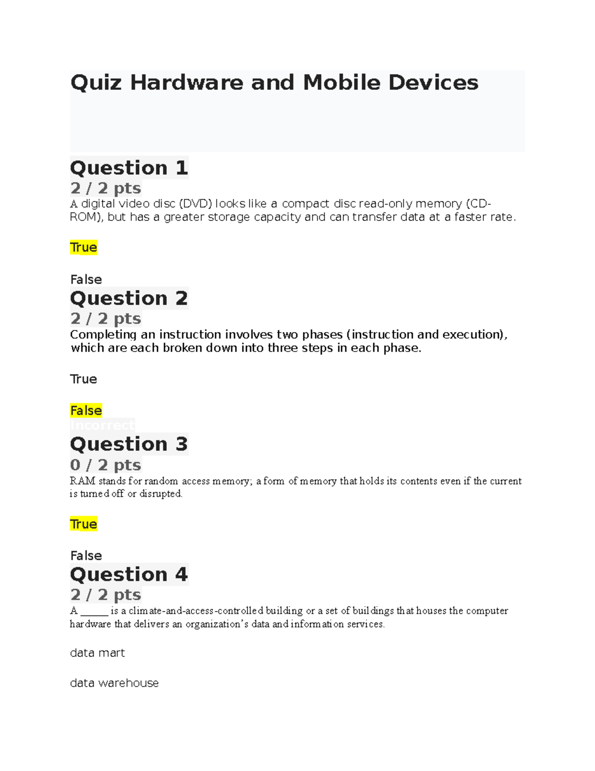 Quiz Hardware and Mobile Devices Quiz Hardware and Mobile Devices