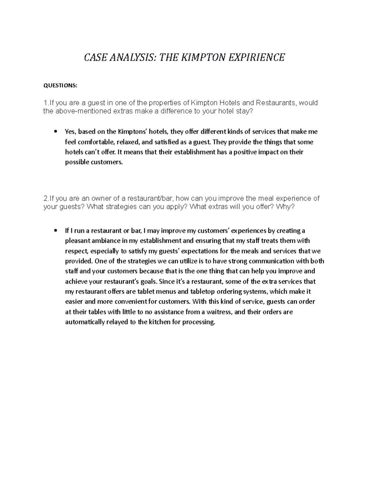 CASE Analysis - About BSHM 2nd Year - CASE ANALYSIS: THE KIMPTON ...