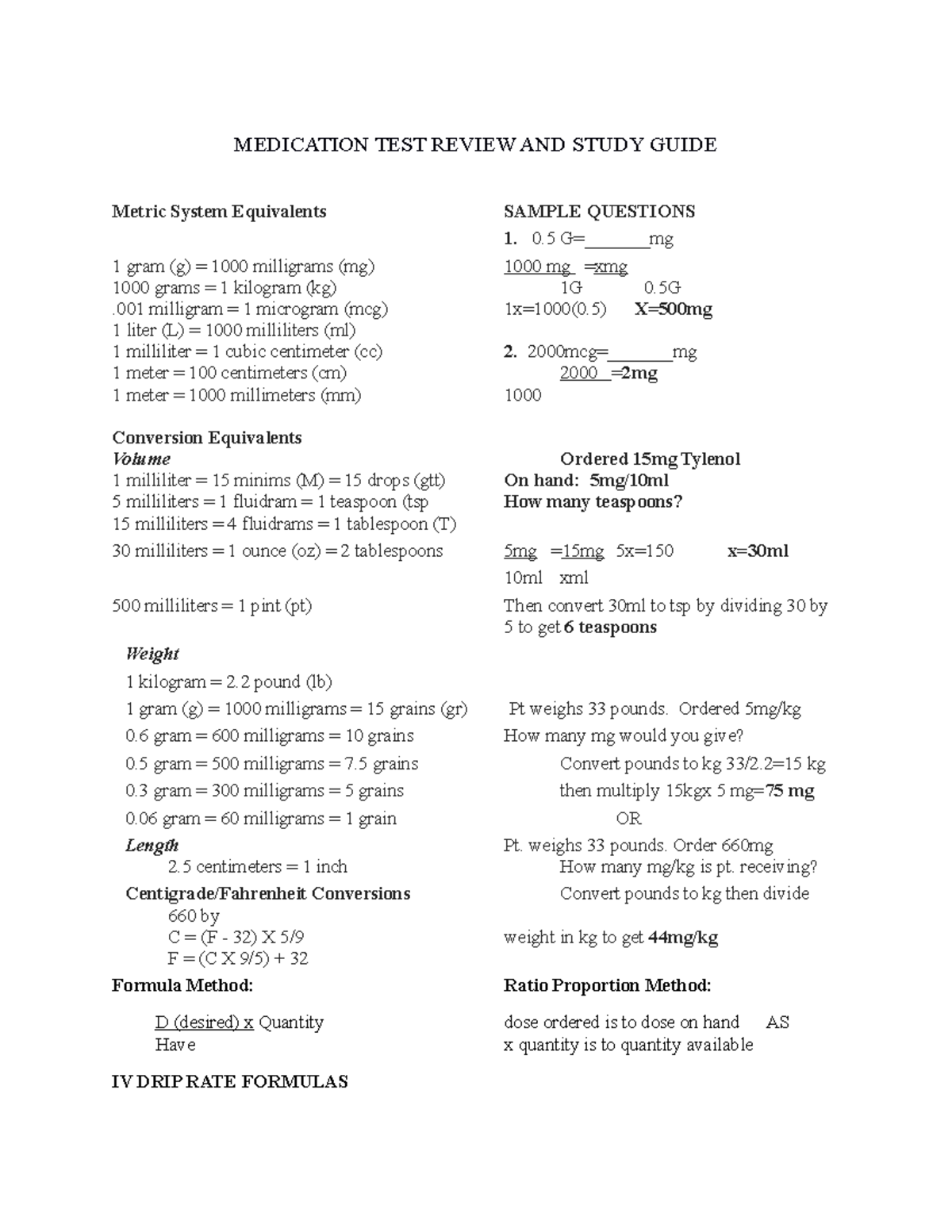 Medication study guide MEDICATION TEST REVIEW AND STUDY GUIDE Metric