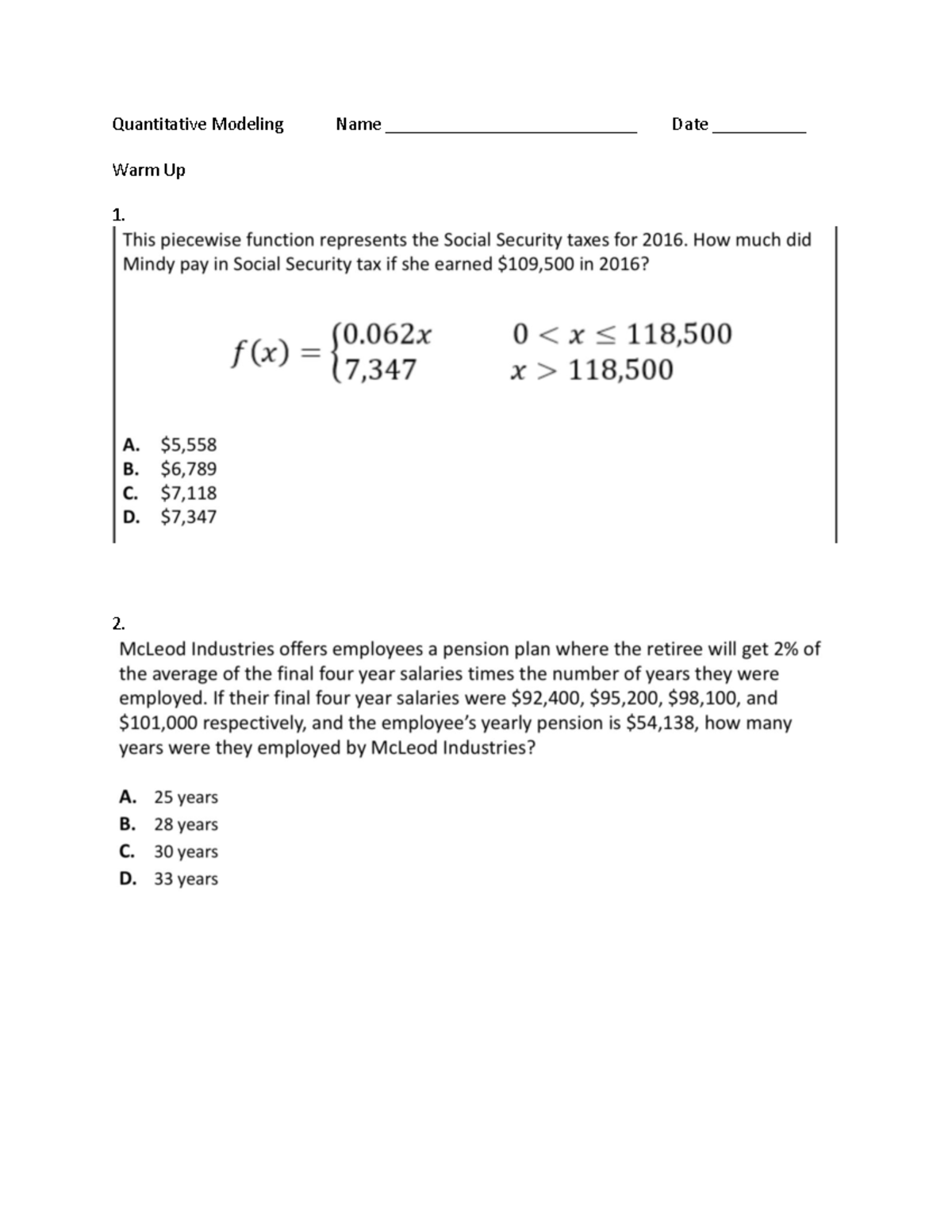 Warm Up (3 12-3 13) - answers - Quantitative Modeling Name ...