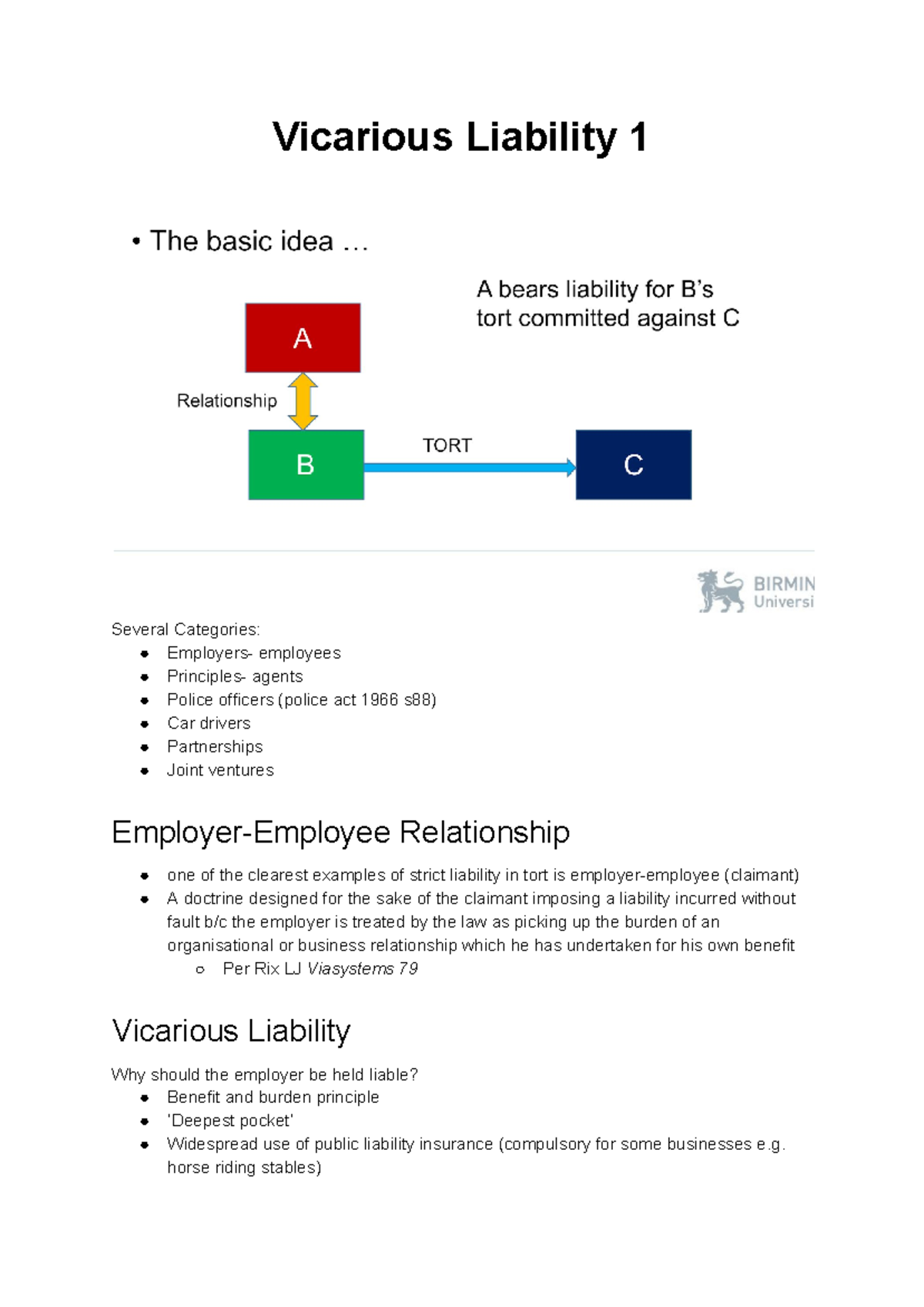 Lecture 5 Tort - Vicarious Liability - Vicarious Liability 1 Several ...