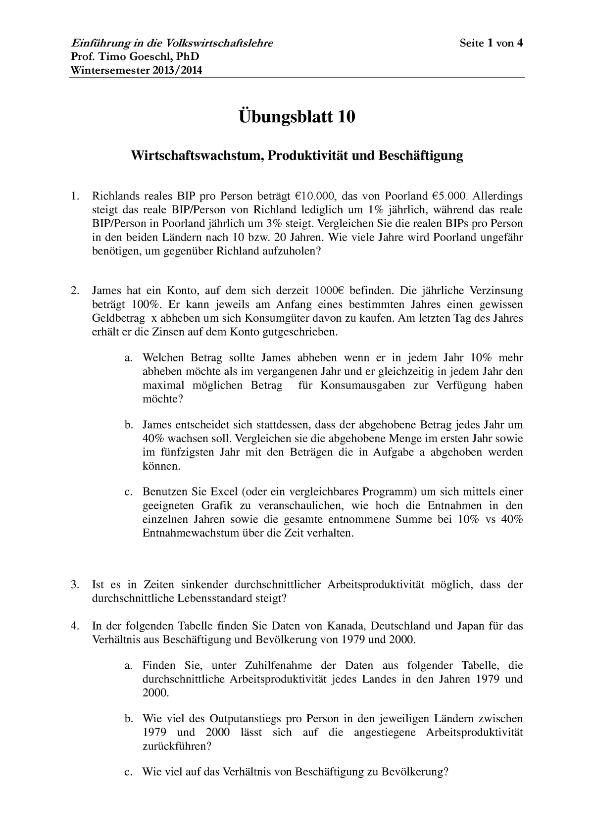 Übungsblatt 10 - WS 13/14 - Einführung In Die Volkswirtschaftslehre ...