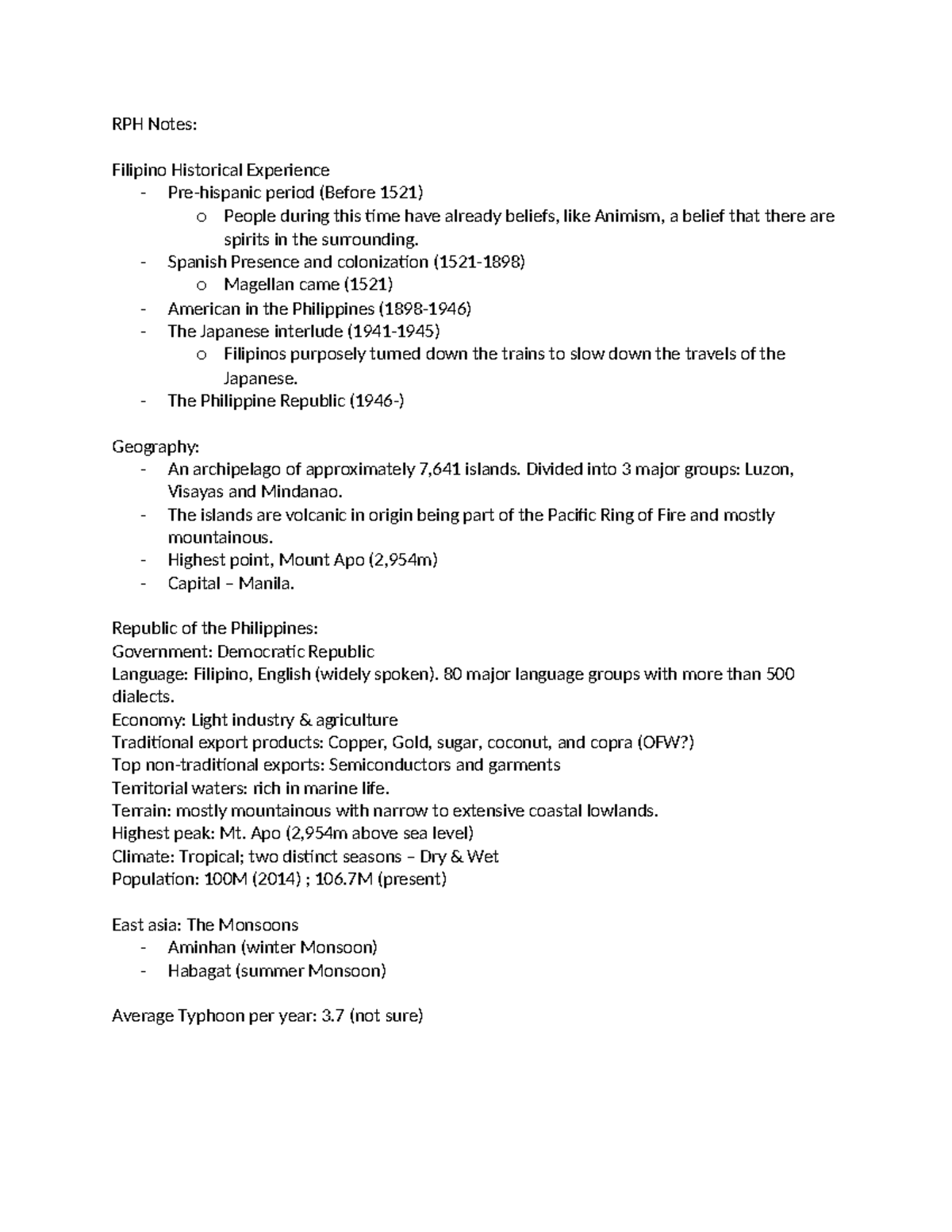 RPH Notes - RPH Notes: Filipino Historical Experience - Pre-hispanic ...