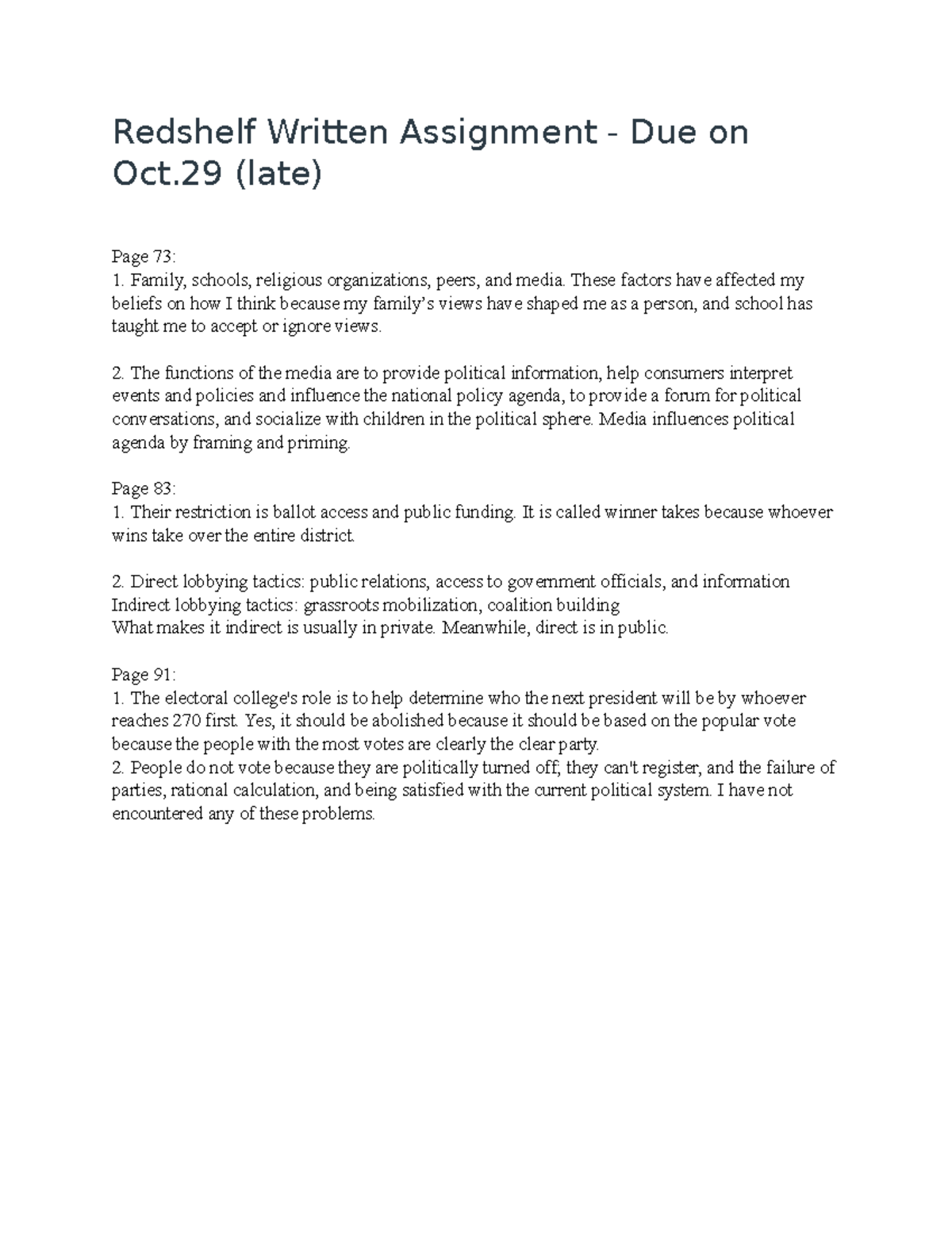 Redshelf Written Assignment Kendall Hunt pp. 49, 59, & 65 Redshelf