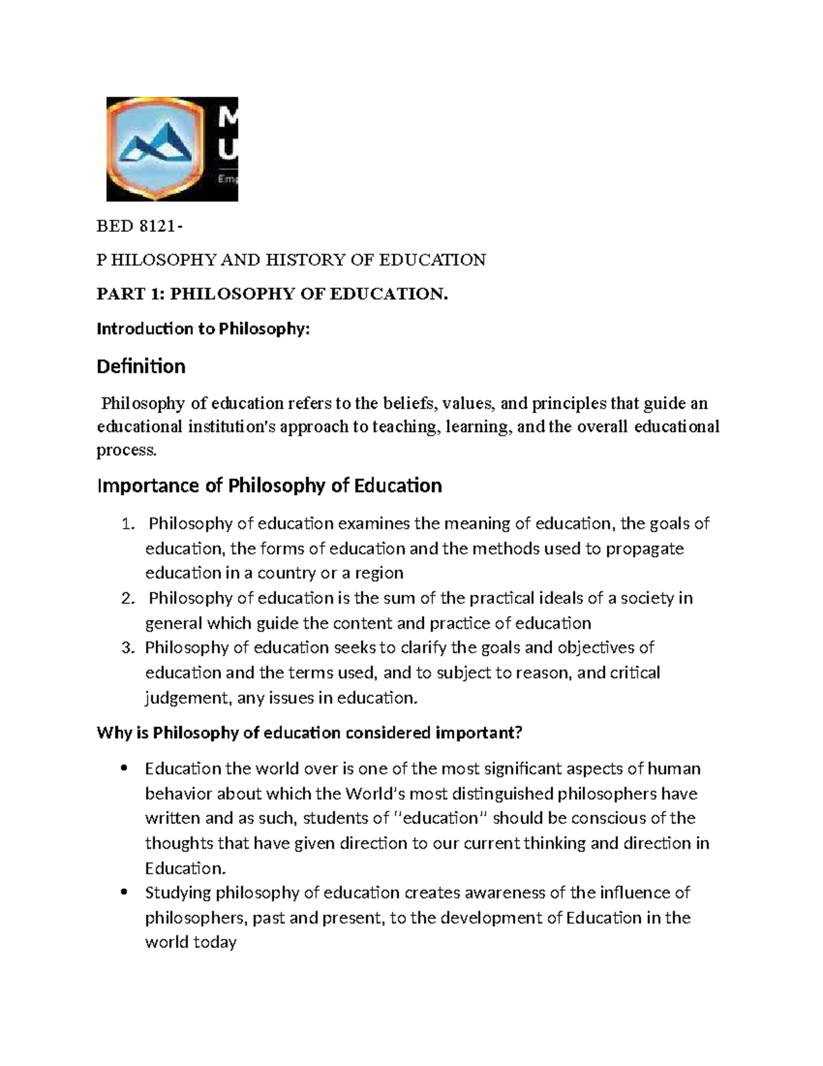 Philosophy AND History OF Education- BED8121 - BED 8121- P HILOSOPHY ...