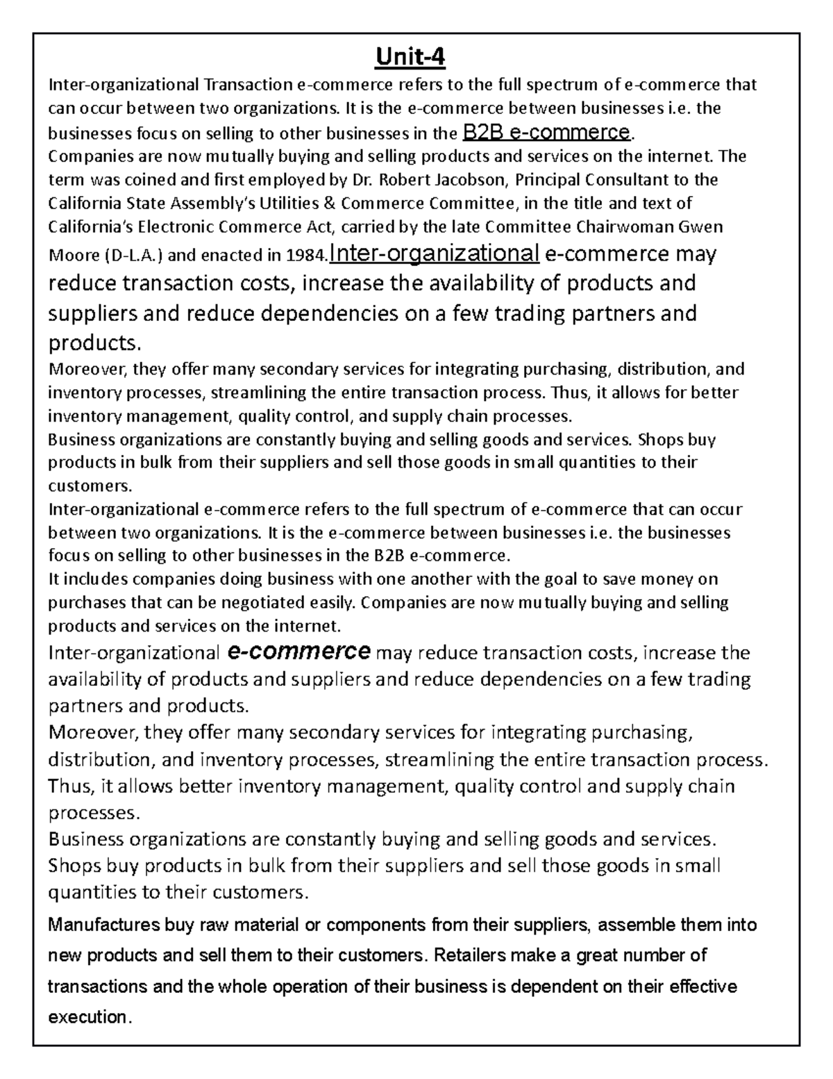 UNIT 4 E Commerce - these are notes by teacher. - Unit- Inter ...