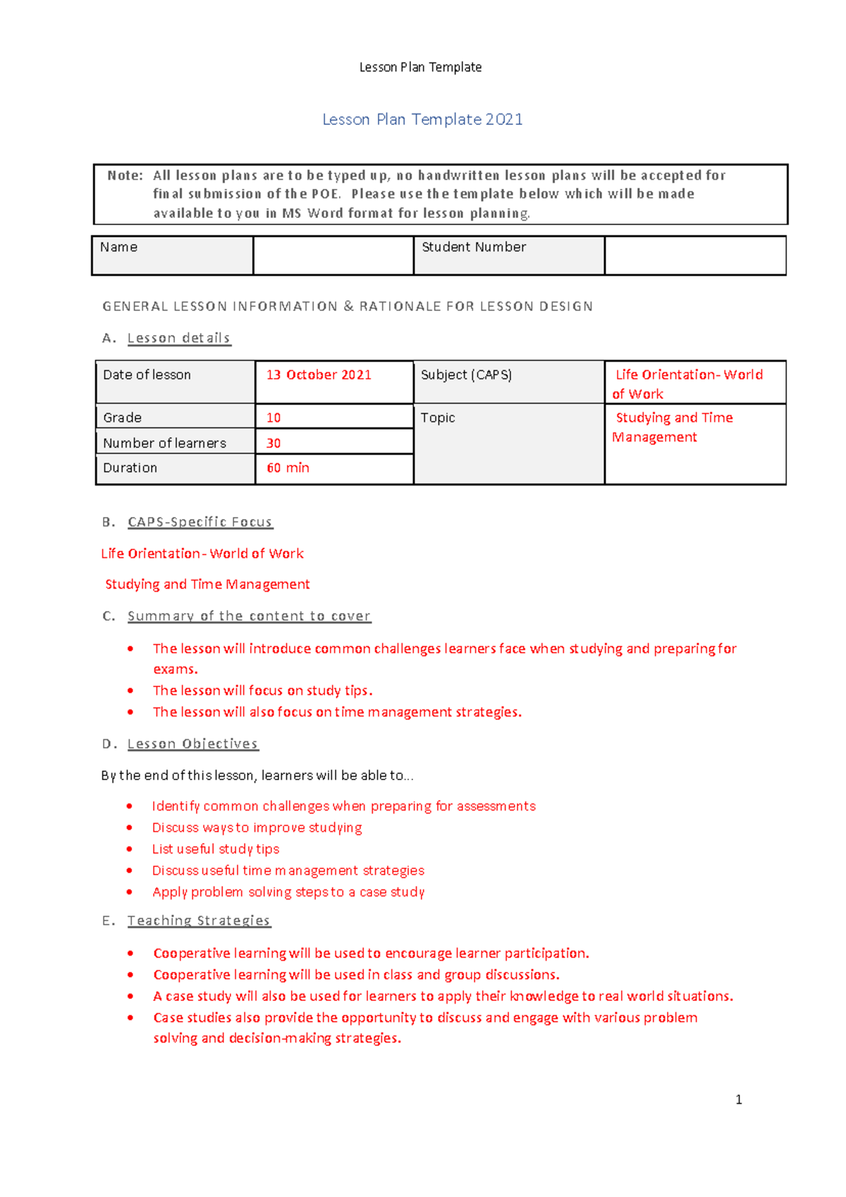 S2 Example Lesson PLAN - Lesson Plan Template 2021 Note: All lesson ...