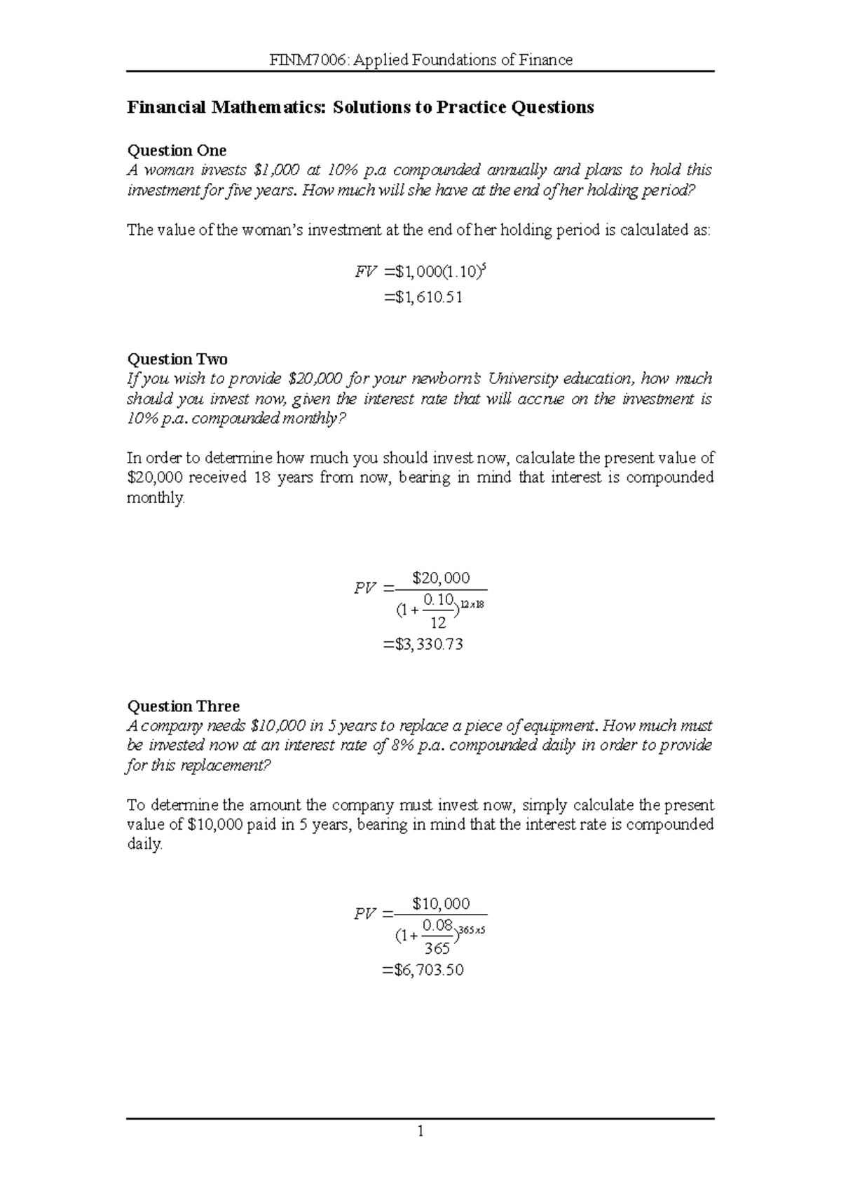 1a) Financial Mathematics Solutions To Practice Questions - FINM7006 ...