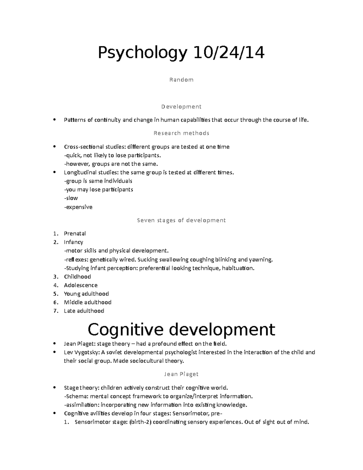 Psychology 10-24-14 - Lecture notes 12 - Psychology 10/24/14 Random ...