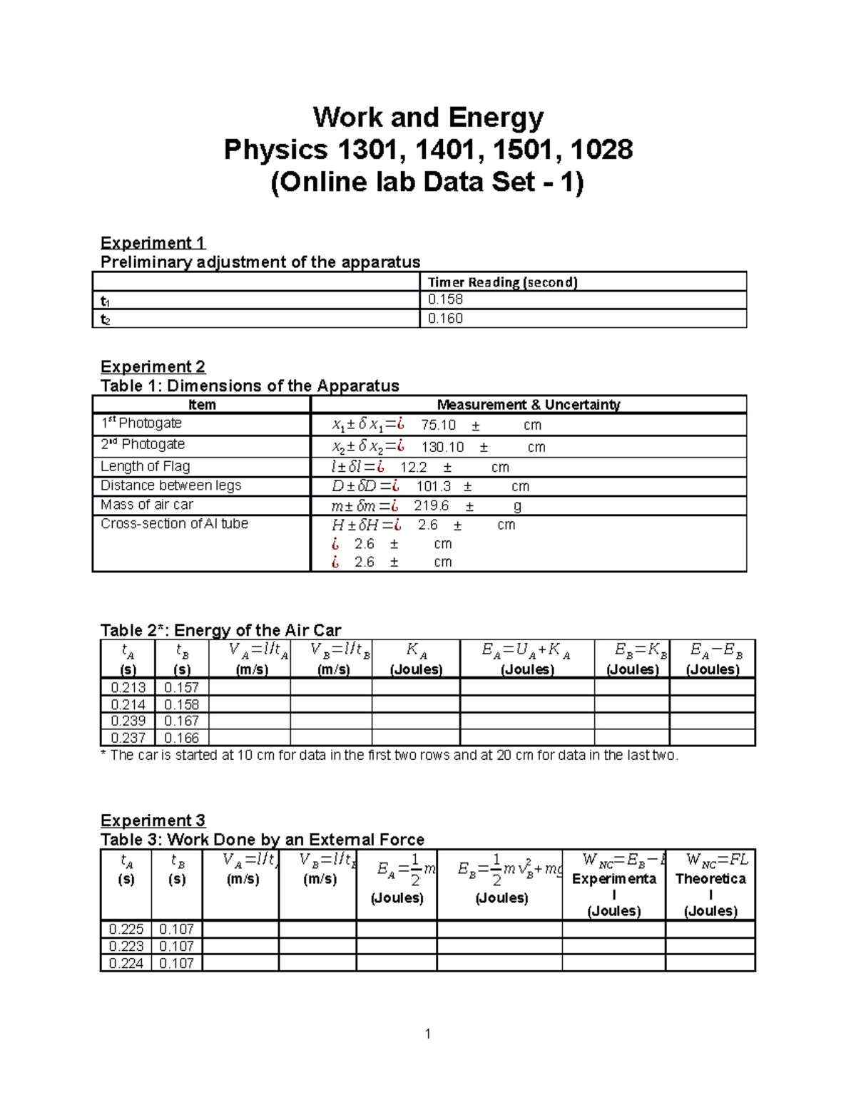 Work Energy -Data sets-1 - Work and Energy Physics 1301, 1401, 1501 ...