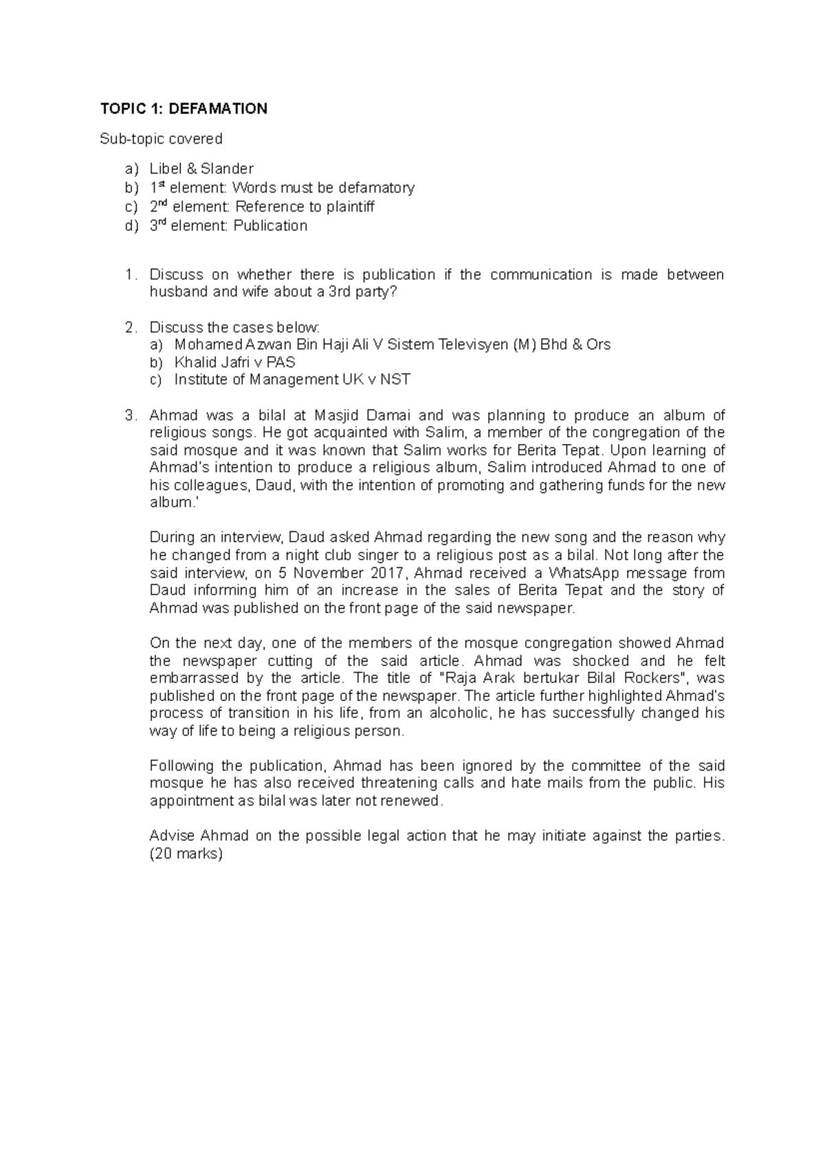 Tutorial Defamation explains about the defamatory statement TOPIC 1