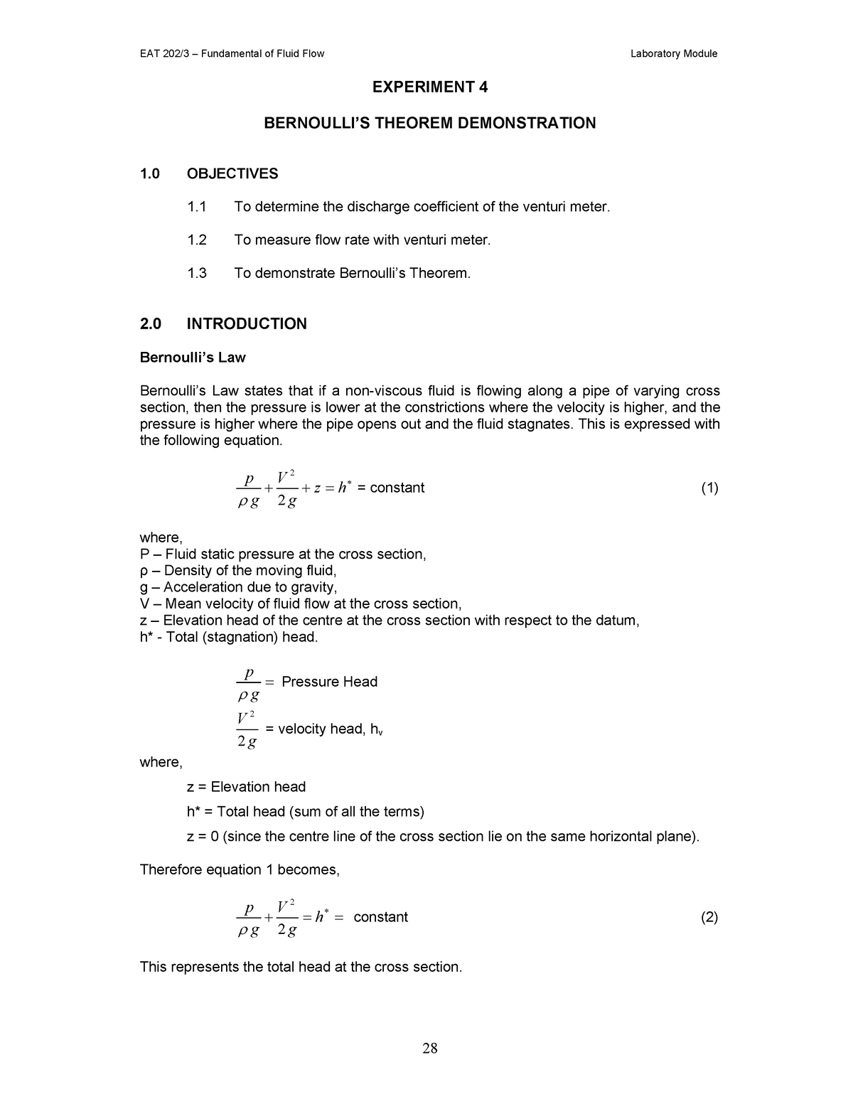 Bernoulli’S Theorem Demonstration - EXPERIMENT 4 BERNOULLI’S THEOREM ...