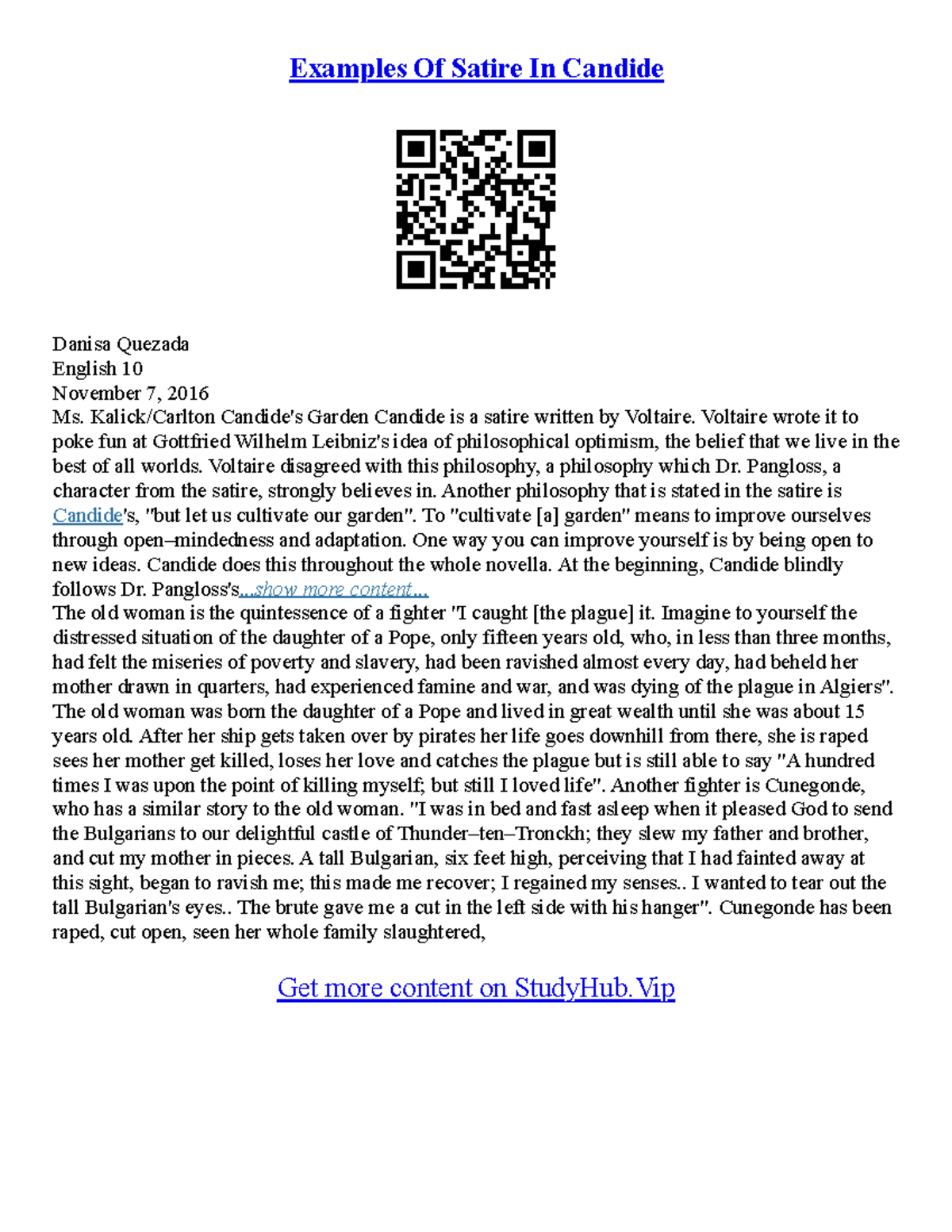 Satire Essay Example - Examples Of Satire In Candide Danisa Quezada ...