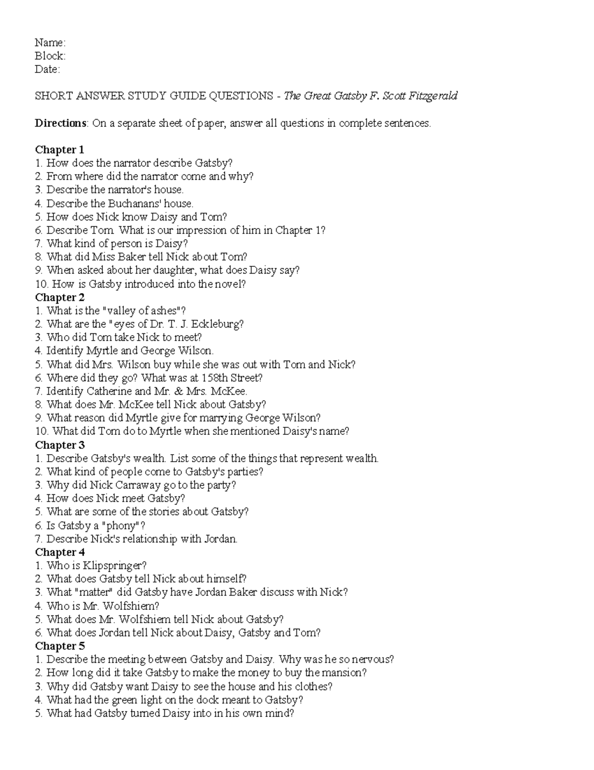 Gatsby study guide questions - Name: Block: Date: SHORT ANSWER STUDY ...