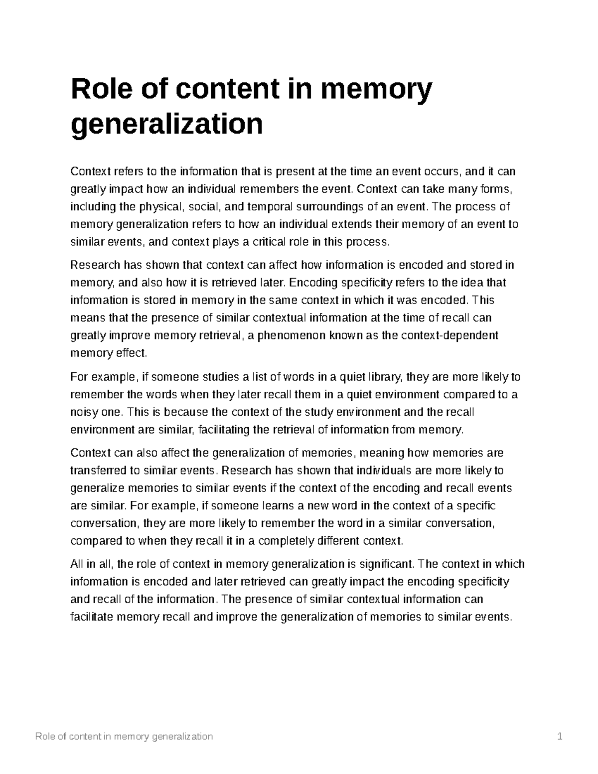 Role of content in memory generalization - Context can take many forms ...