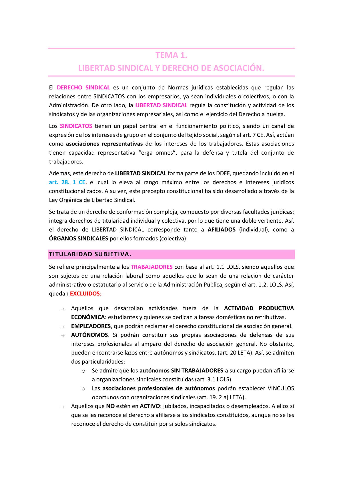 TEMA 1 - Apuntes TEMA1 - TEMA 1. LIBERTAD SINDICAL Y DERECHO DE ...