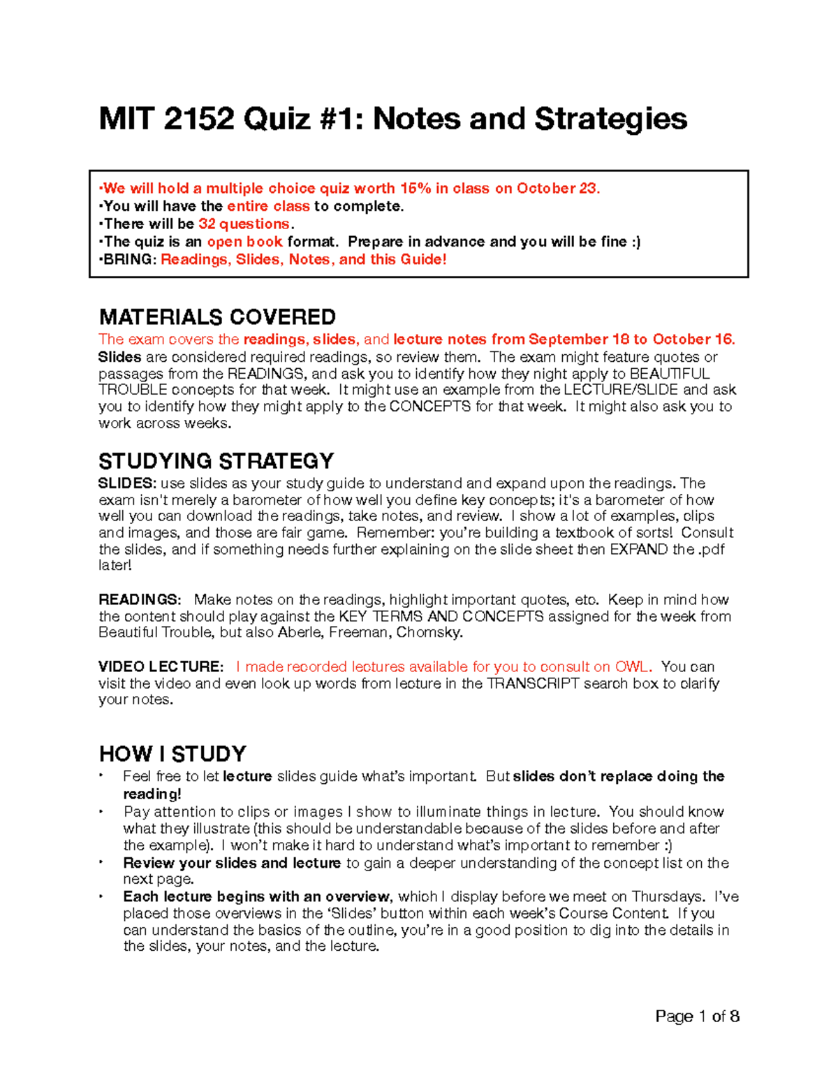 Quiz+1+strategies+and+studying - MIT 2152 Quiz #1: Notes and Strategies ...