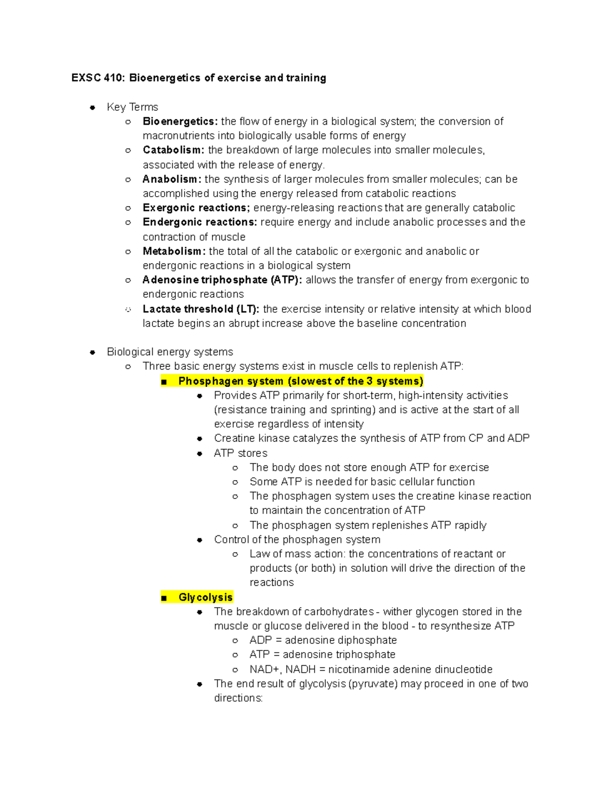 EXSC 410 Bioenergetics of exercise and training notes - EXSC 410 ...