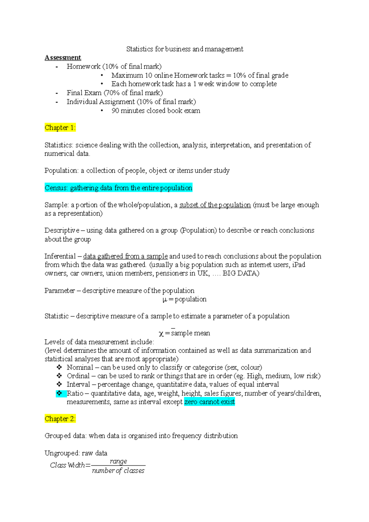 Lecture notes - Statistics for business and management Assessment ...