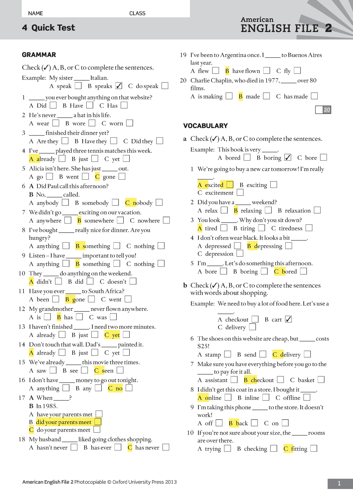 AEF2 File4 Quick Test - American English File 2 Photocopiable © Oxford ...