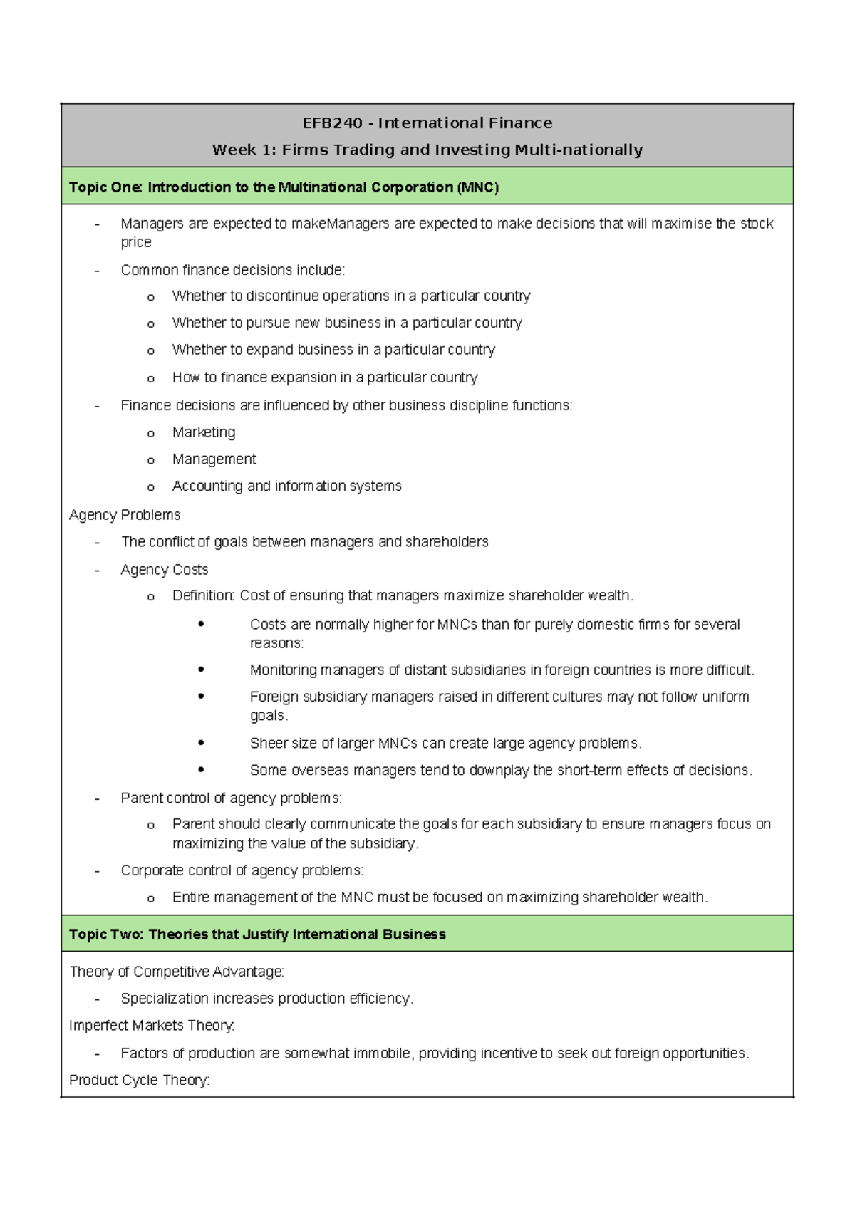 EFB240 International Finance - Week 1 Lecture Notes - Week 1: Firms ...