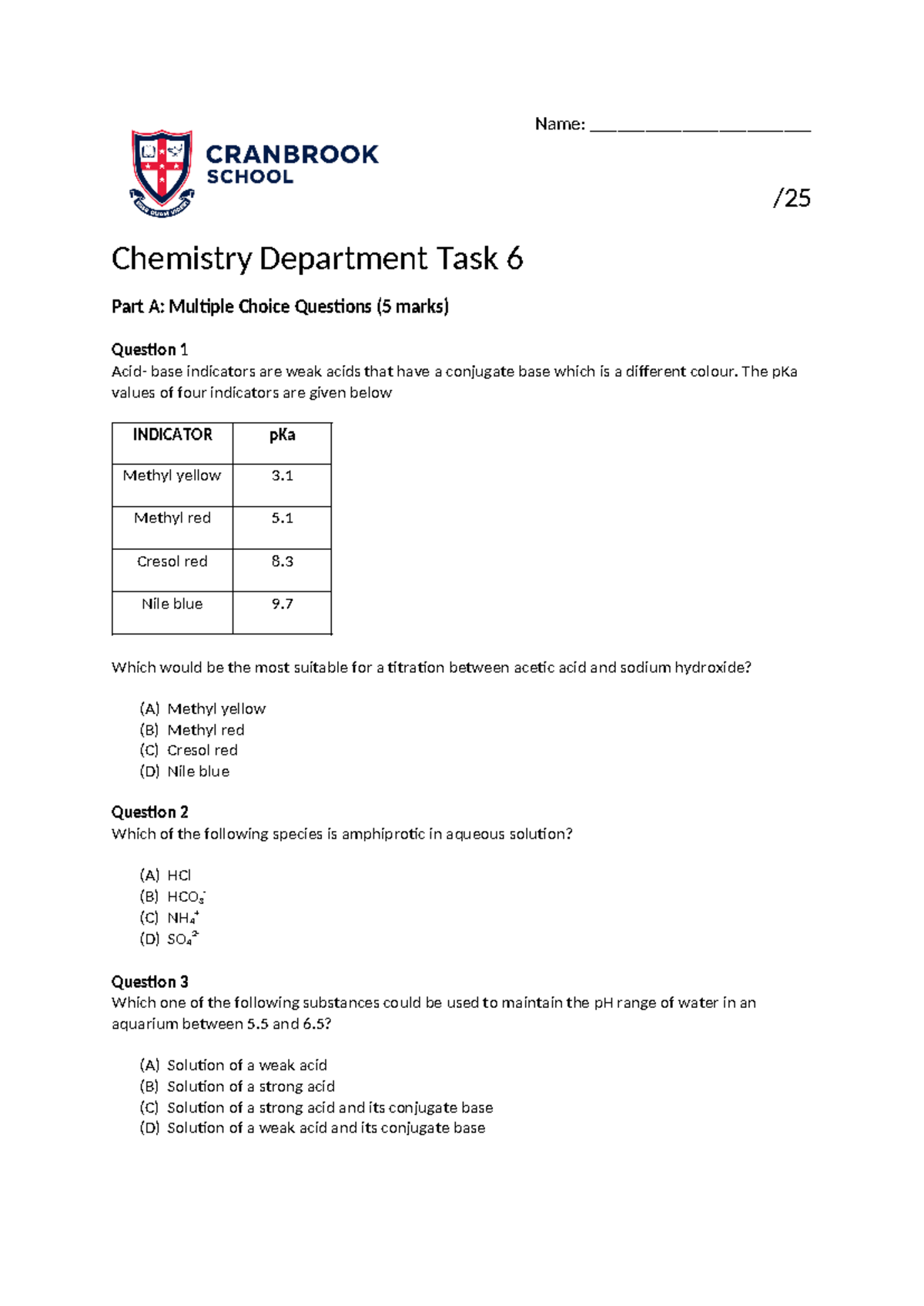 Task 6 Physics - Name: ________________________ / Chemistry Department ...