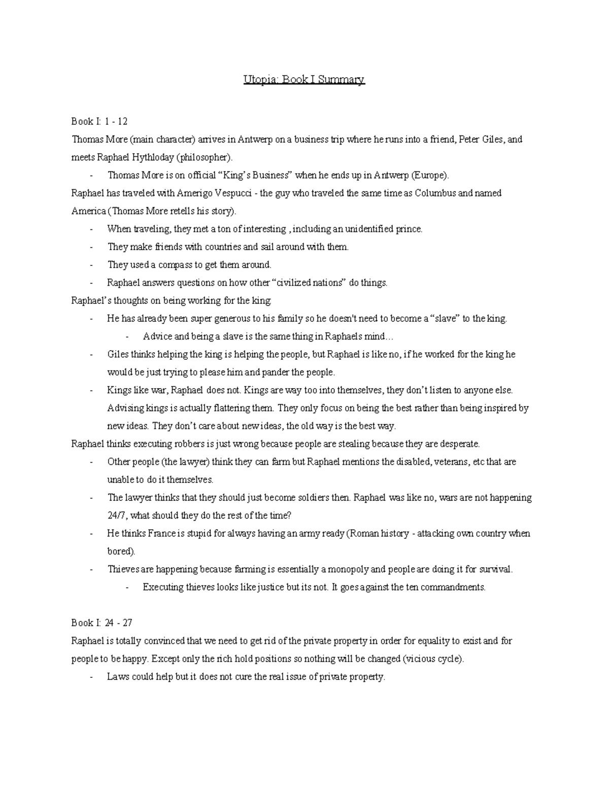 Utopia Book I pages 1 12, 24 27 Utopia Book I Summary Book I