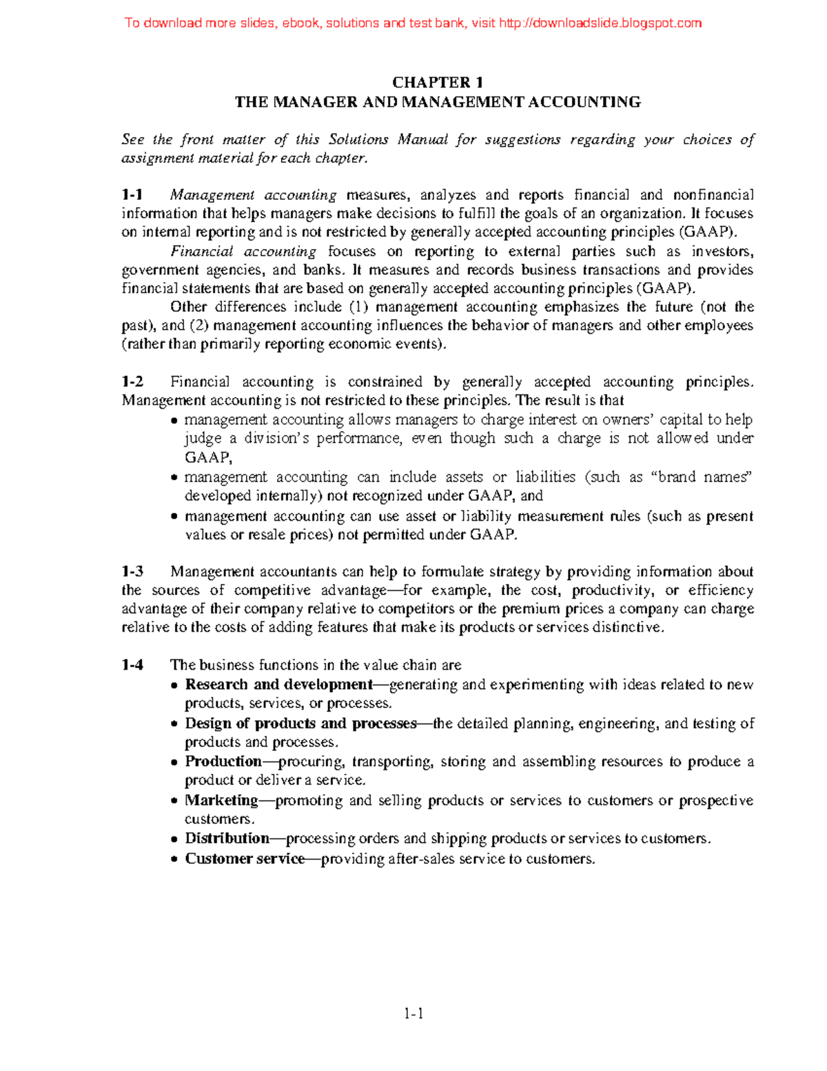 CH1 introduction to cost accounting - CHAPTER 1 THE MANAGER AND ...
