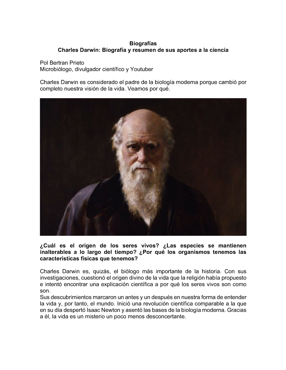 Biografías Charles Darwin - Biografías Charles Darwin: Biografía y resumen  de sus aportes a la - Studocu
