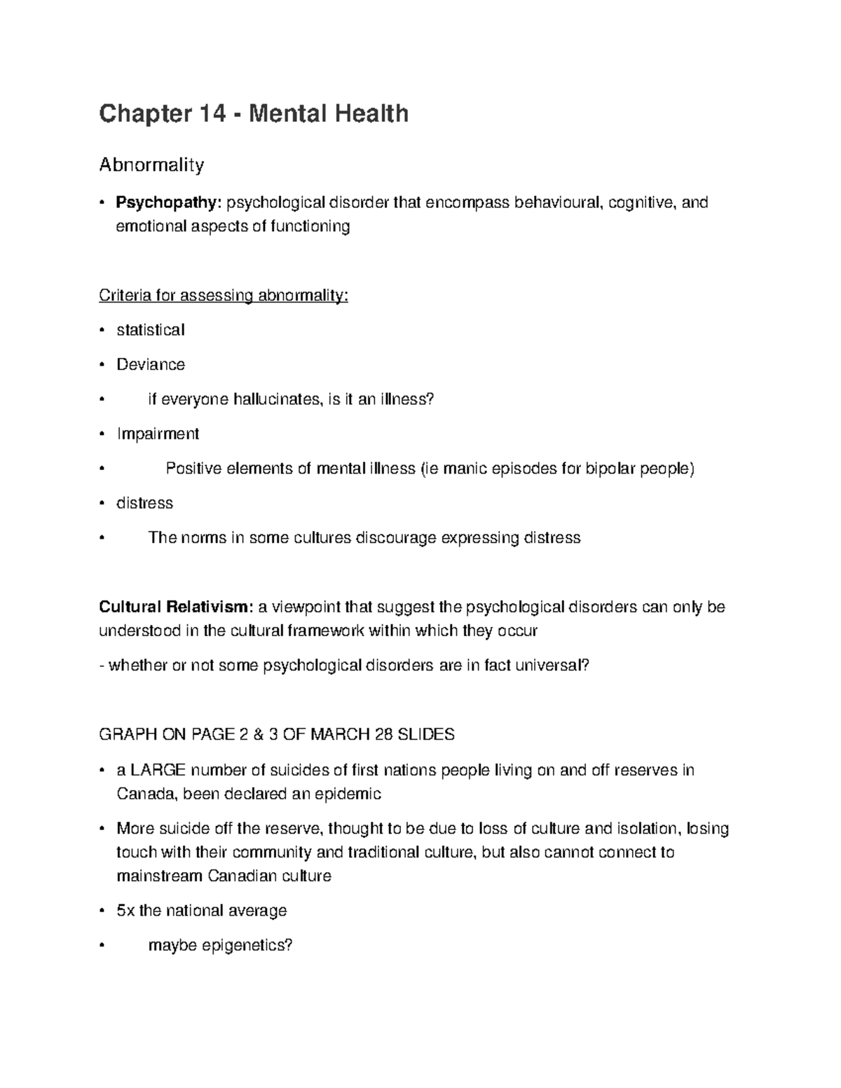 Chapter 14 - Lecture notes 14 - Chapter 14 - Mental Health Abnormality ...