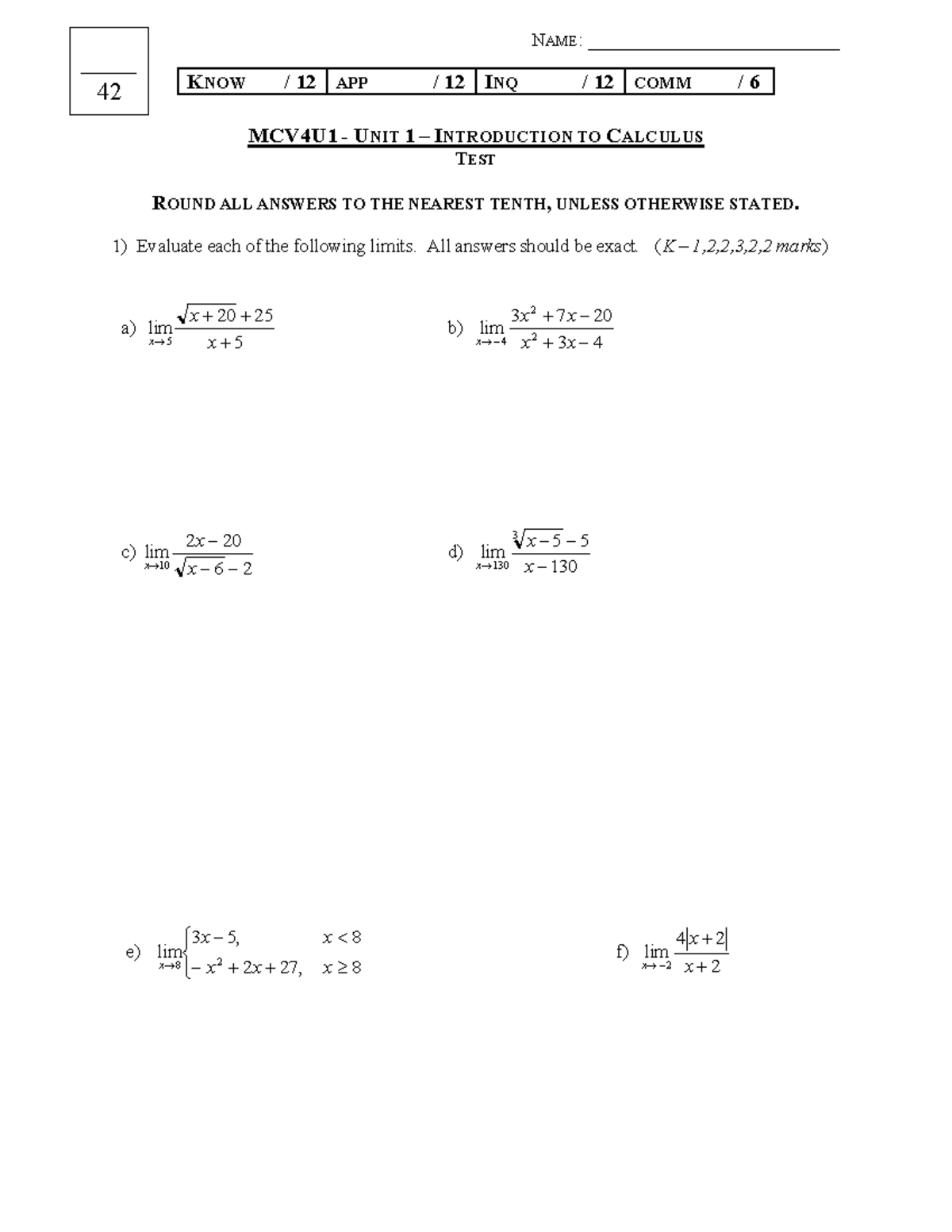 UNIT-1 TEST - sad - NAME: ___________________________ MCV4U1 - UNIT 1 ...