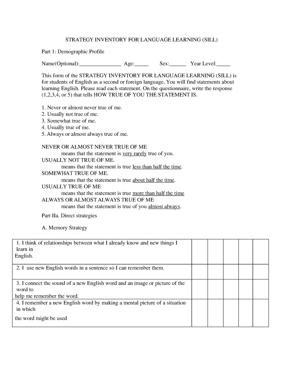 SILL Reserach Questionnaire 1 - STRATEGY INVENTORY FOR LANGUAGE ...