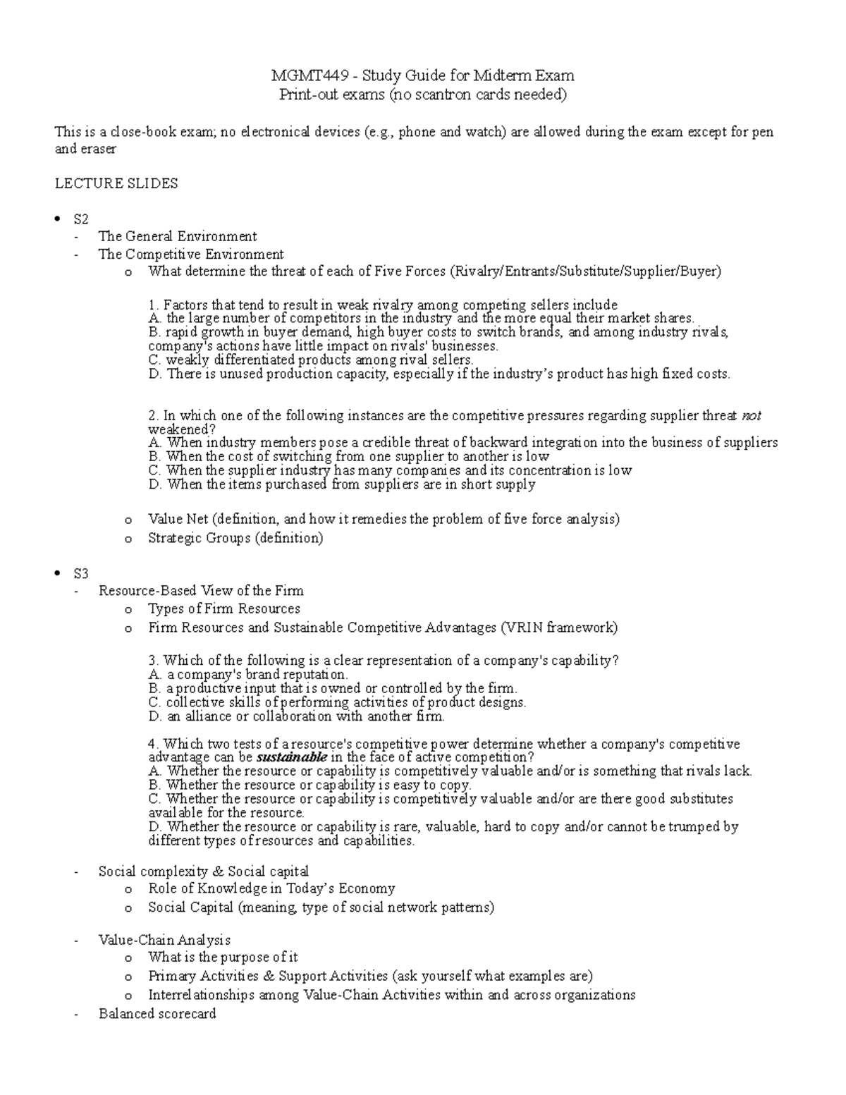 Study Guide Midterm Mgmt449 2023 - MGMT449 - Study Guide For Midterm ...