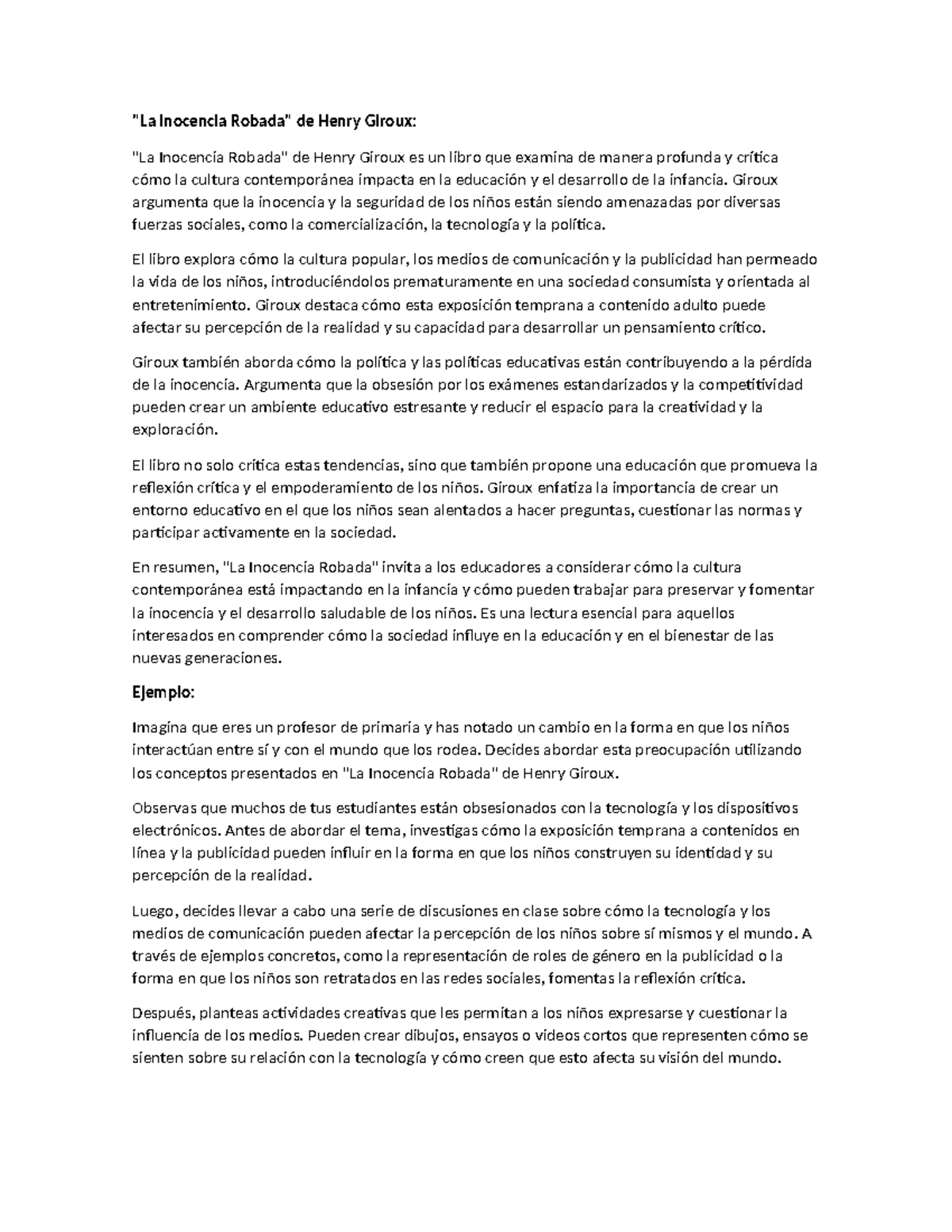 La Inocencia Robada de Henry Giroux "La Inocencia Robada" de Henry