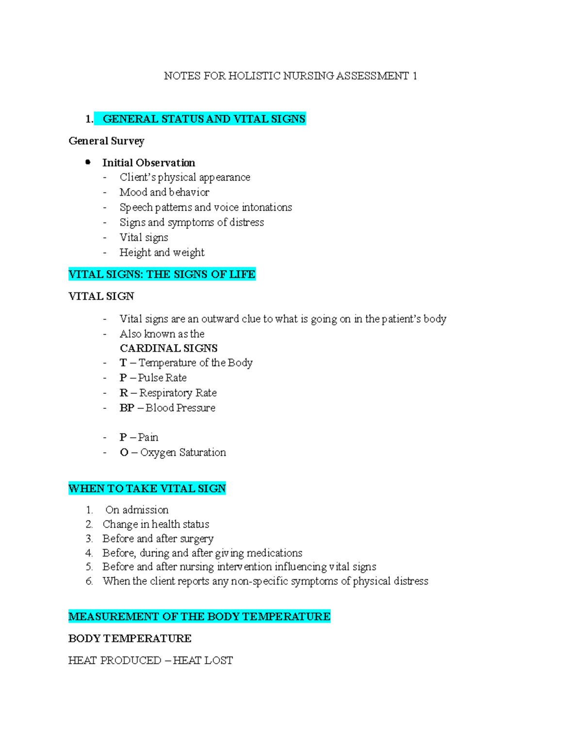 Notes FOR Holistic Nursing Assessment 1 - NOTES FOR HOLISTIC NURSING ...