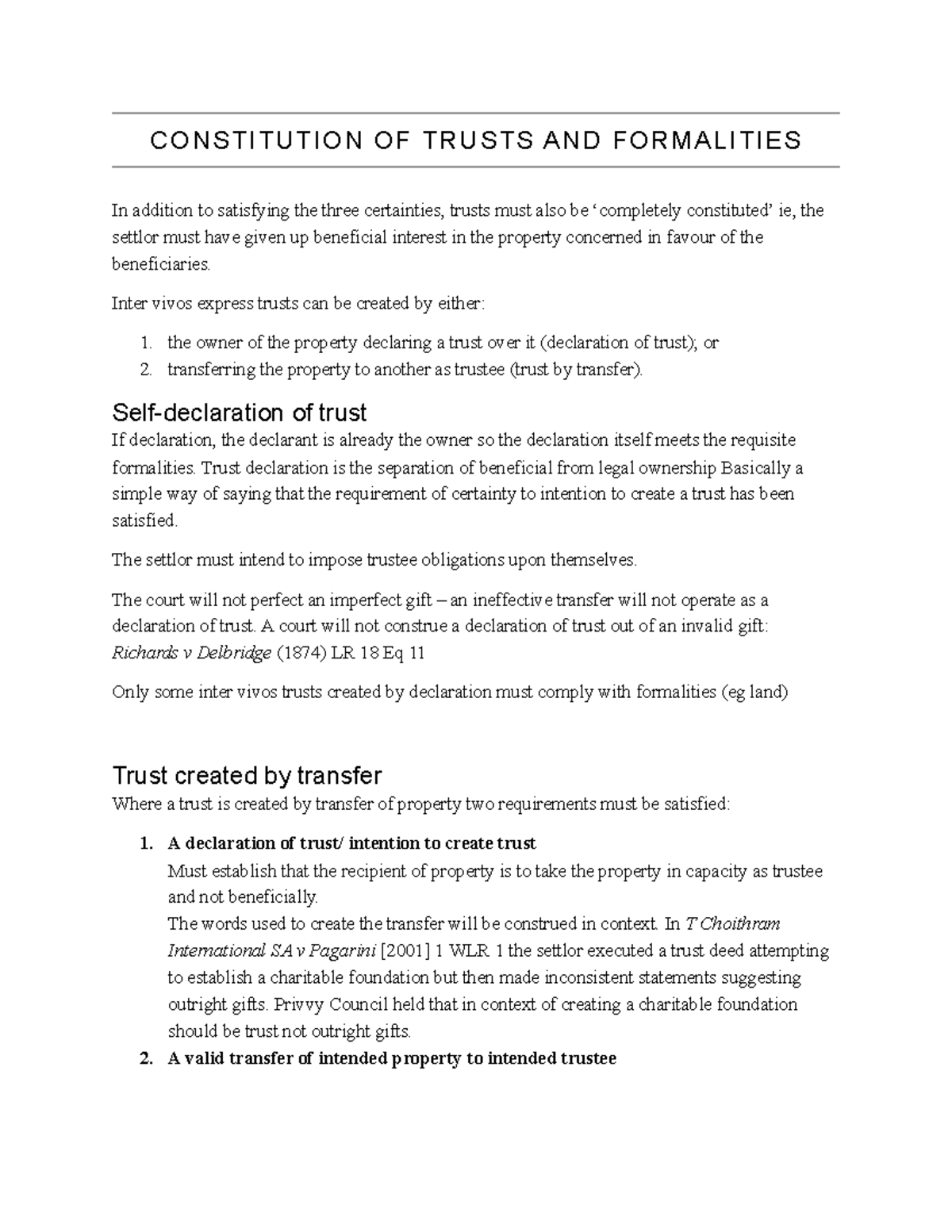 Complete constitution of trusts and formalities notes - CONSTITUTION OF ...