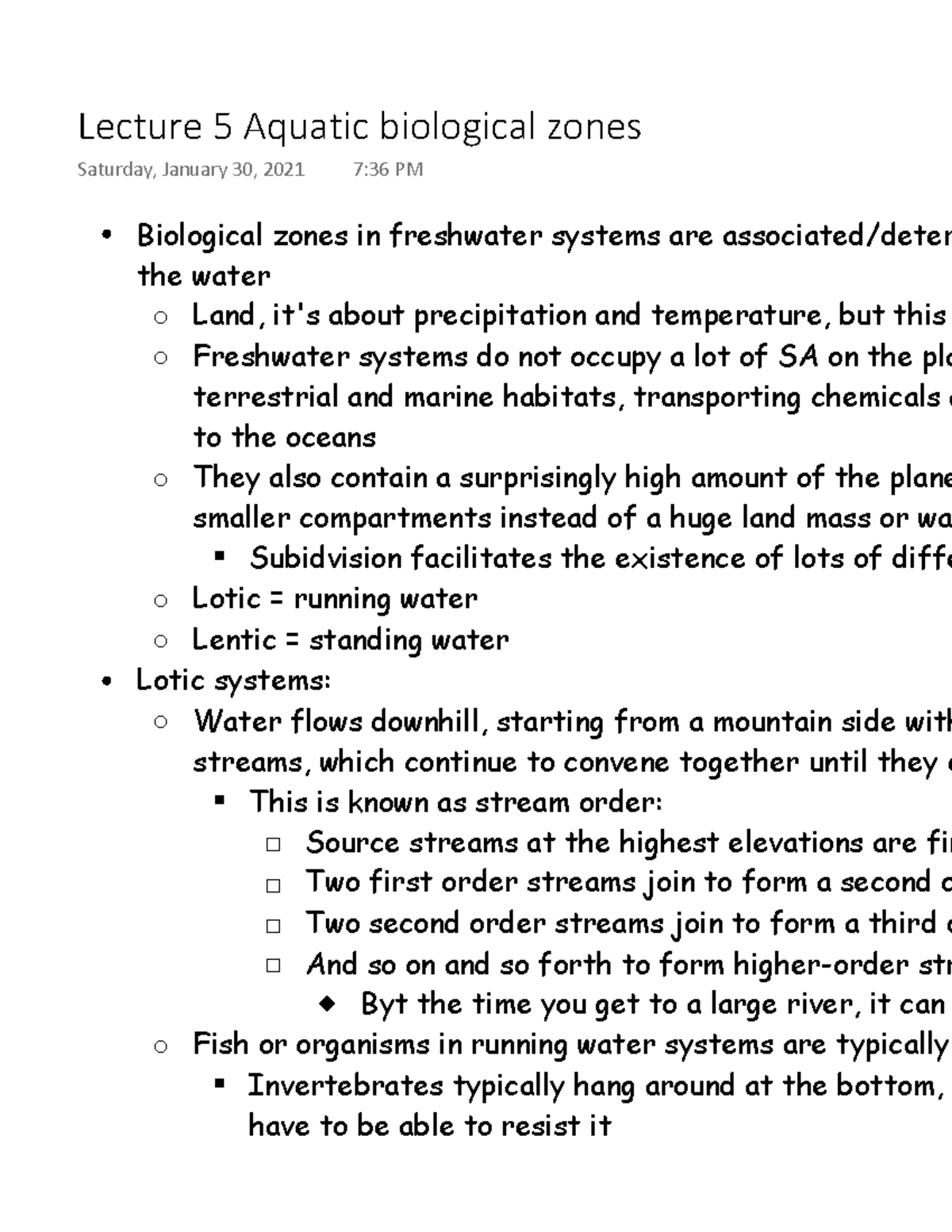 Lecture 5 Aquatic biological zones Biological zones in freshwater