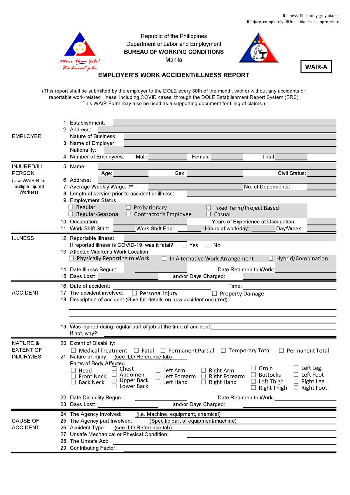 Wair A Employers Work Accident Illness Report If Illness Fill In Only Gray Blanks If 8097