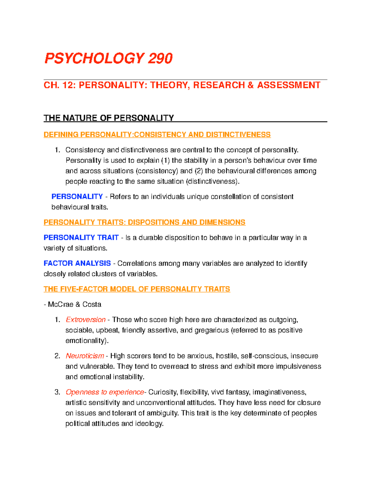 Psychology 290 chp12 - Lecture notes 12 - PSYCHOLOGY 290 CH. 12 ...