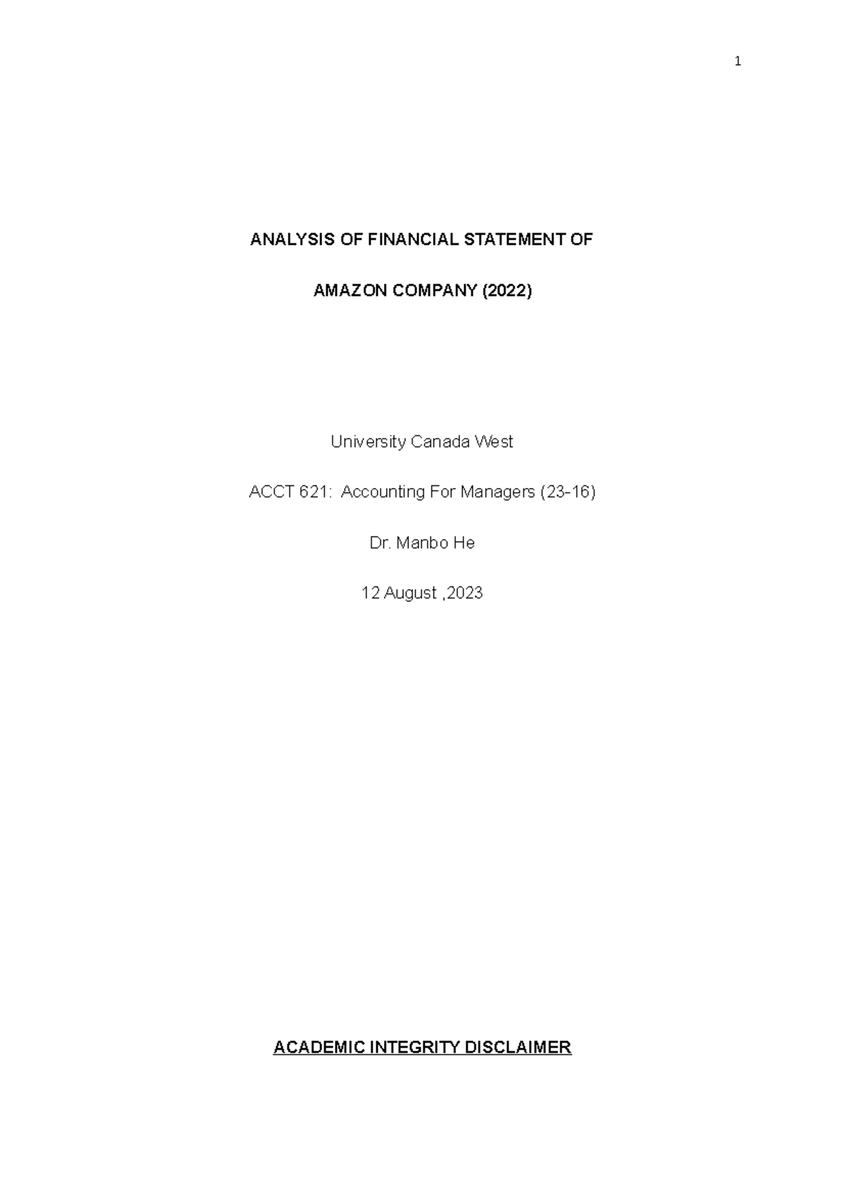 Account Assignment - ANALYSIS OF FINANCIAL STATEMENT OF AMAZON COMPANY ...