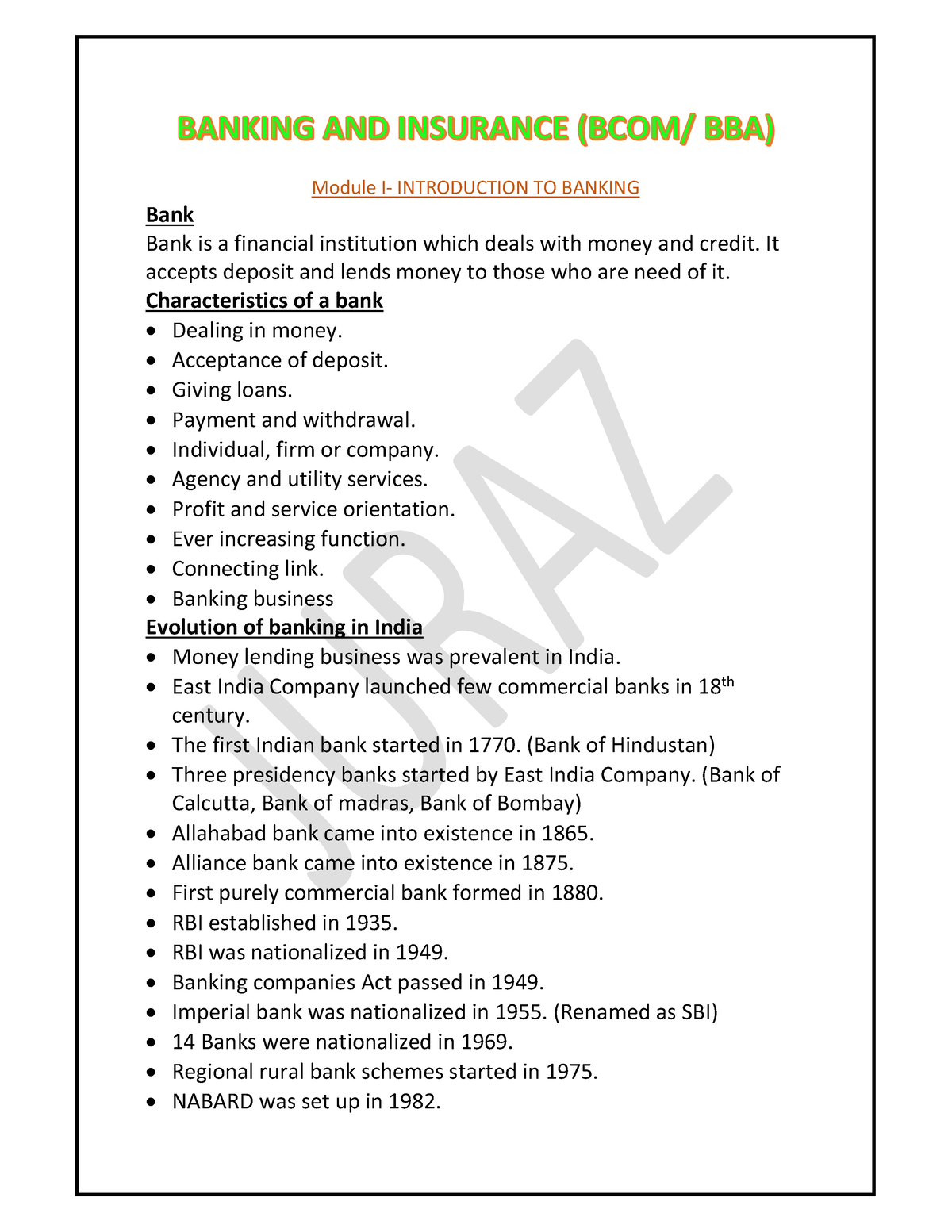 Banking And Insurance- B.com- BBA- Juraz - Module I- INTRODUCTION TO ...