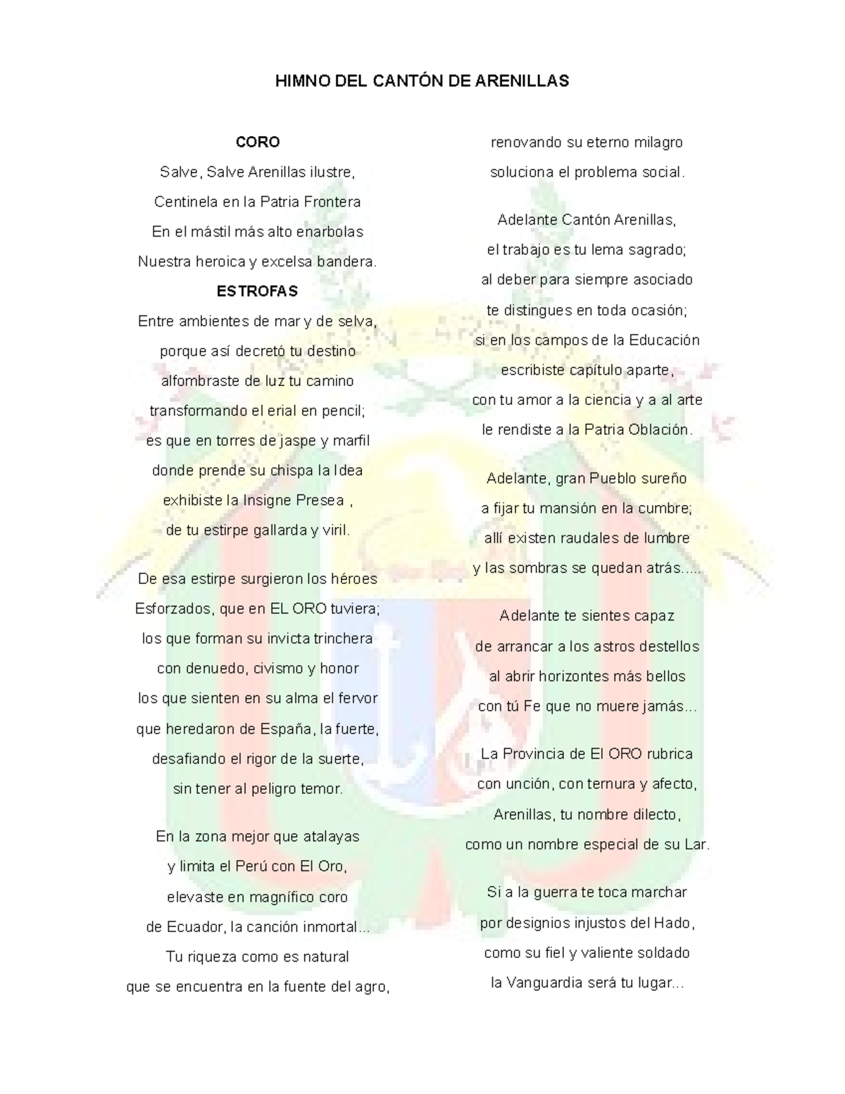 Himno DEL Cantón DE Arenillas - HIMNO DEL CANTÓN DE ARENILLAS CORO ...